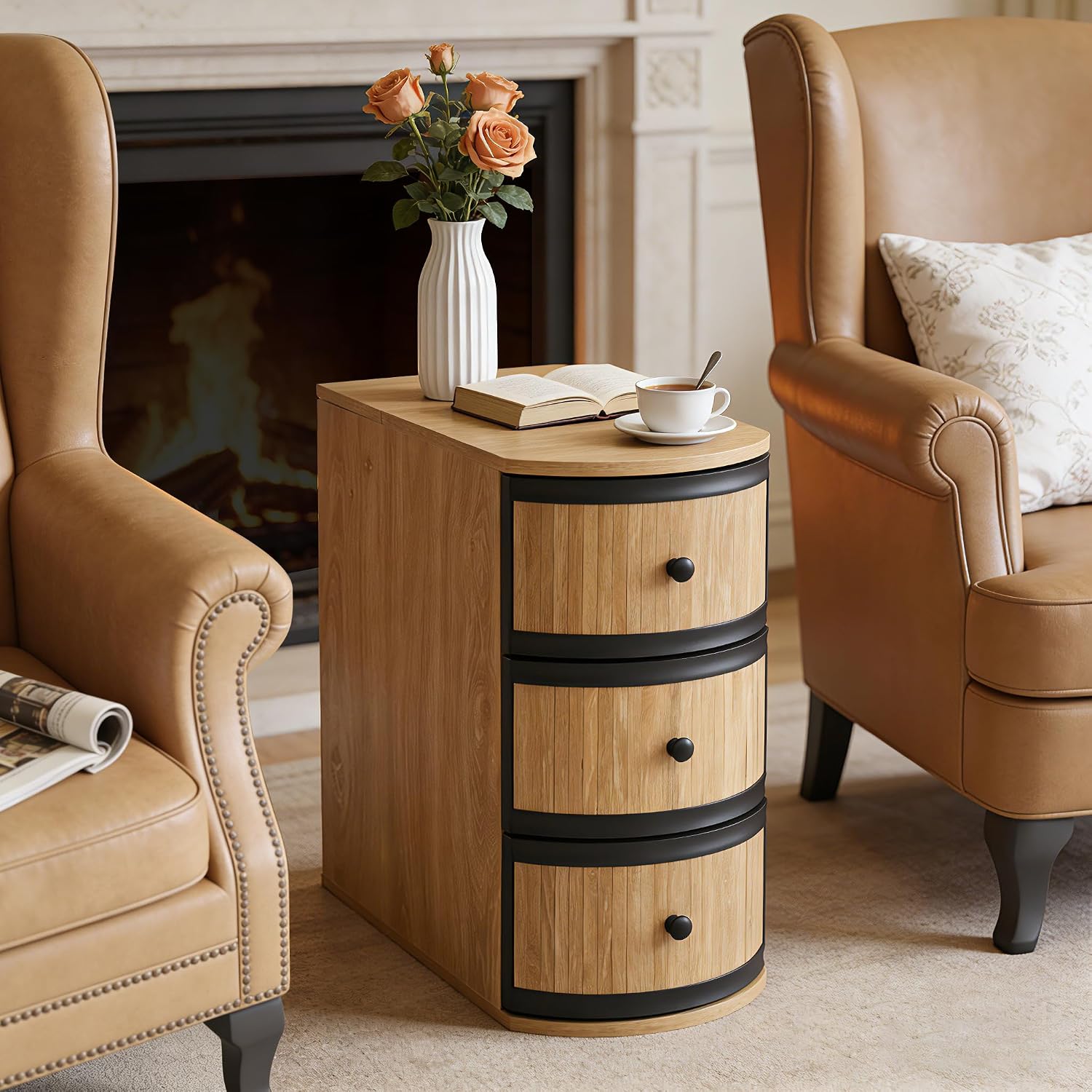 BERRYMERRY Narrow End Table with Charging Station, Modern Slim Nightstand Bedside Table with 3 Drawers for Bedroom Living Room, Natural Wood Grain, 11.81' W x 23.51' D x 23.62' H