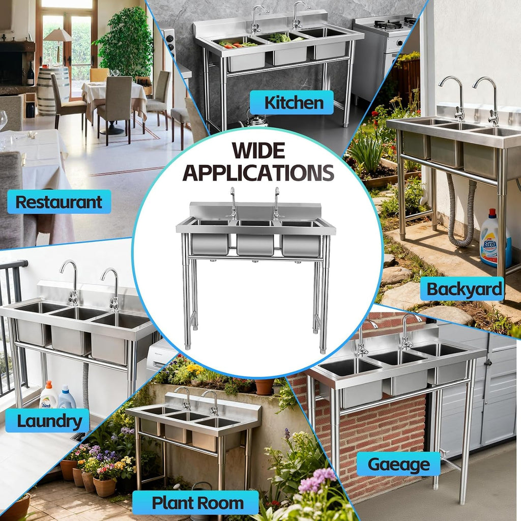 3 Compartment Stainless Steel Sink, 39'' × 18'' × 36'' Commercial Utility Sink, Free Standing Three Bowl Kitchen Sink Set with 2 Faucets Hot & Cold Water Pipes for Food Truck, Bar, Restaurant