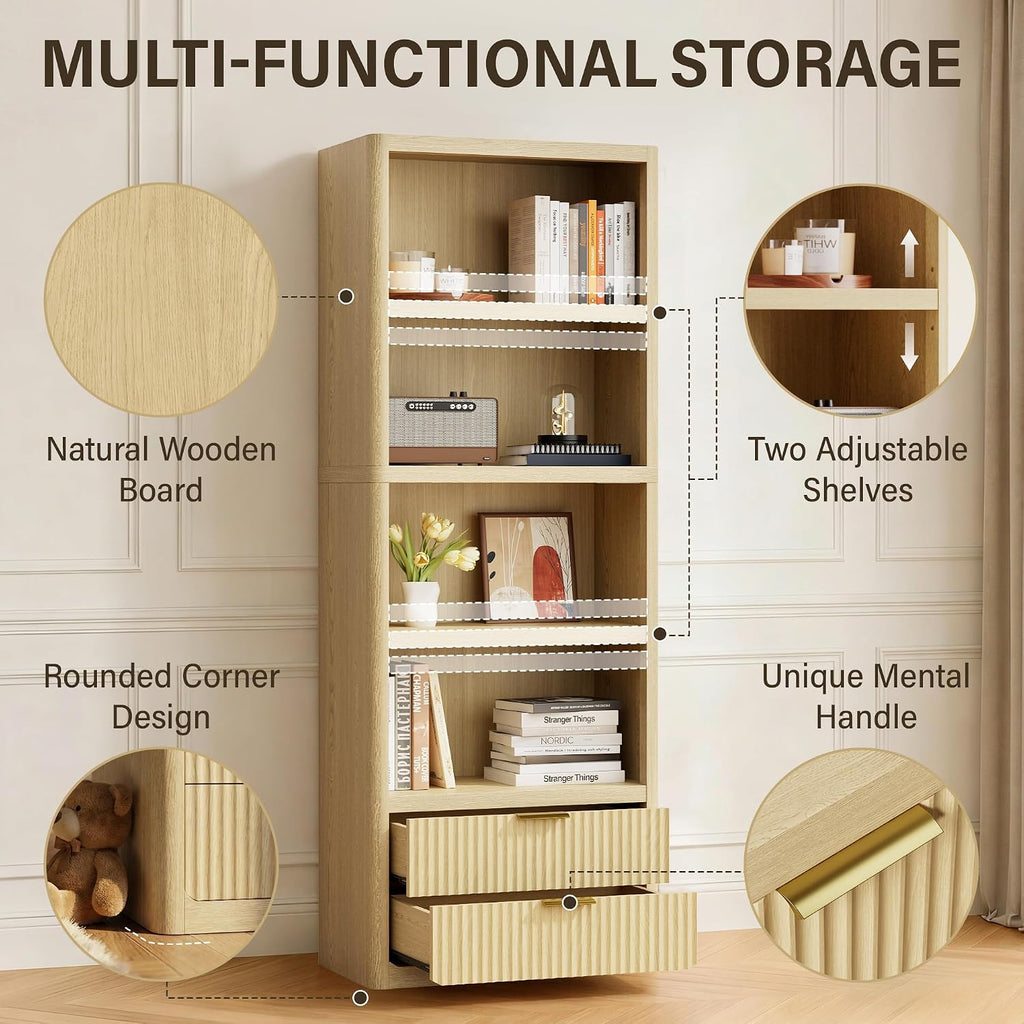 YESHOMY 79' Tall Wooden Bookshelf with Drawers, Corner Bookshelf Organizer with 4-Tier Open Shelves, Fluted Bookcase Storage Shelves for Home, Office,Living Room, 1 PCS