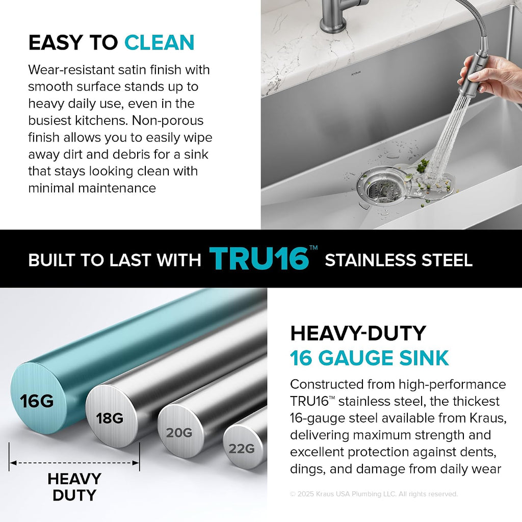 KRAUS Standart Pro 33-Inch Flat Apron Front Farmhouse 16-Gauge Single Bowl Stainless Steel Kitchen Sink, KHF410-33
