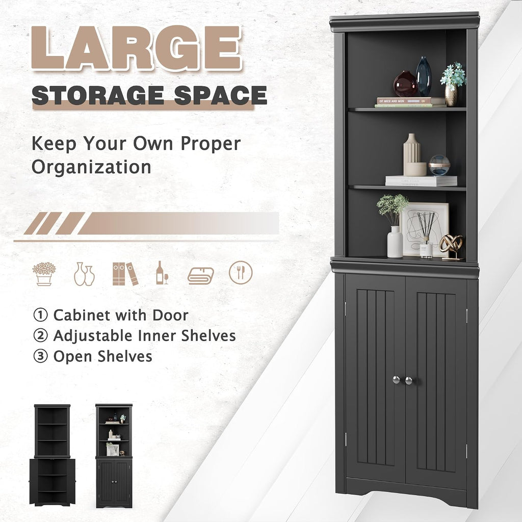 JUMMICO Corner Cabinet Corner Bathroom Cabinet with 2 Doors and 3 Tier Shelves Free Standing Corner Storage Cabinet for Bathroom, Living Room, Bedroom or Kitchen (Black)