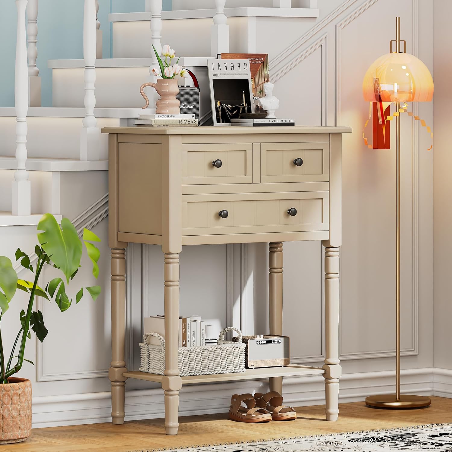 P PURLOVE Antique Narrow Console Table,Slim Sofa Entry Table with 3 Storage Drawer for Living Room,Entryway