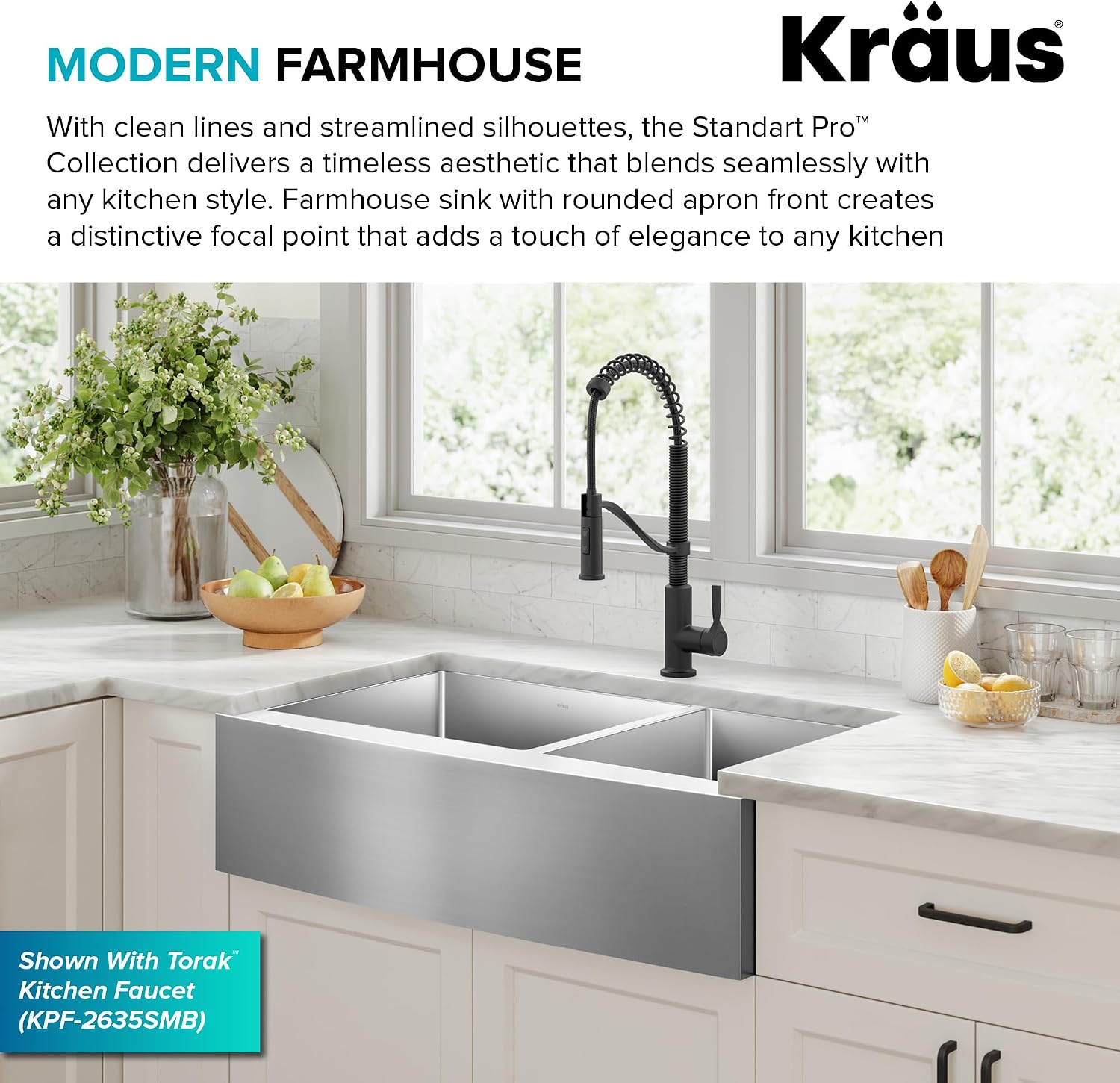 Kraus KHF203-36 Standart PRO Kitchen Stainless Steel Sink, 36 Inch Round Apron 60/40 Double Bowl