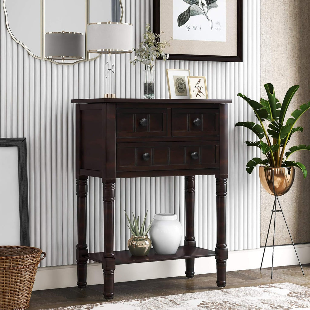 Knocbel Slim Antique Entry Console Table with Drawers & Bottom Open Shelf, Solid Wood Sofa Couch Table for Entryway Hallway Living Room (Espresso)