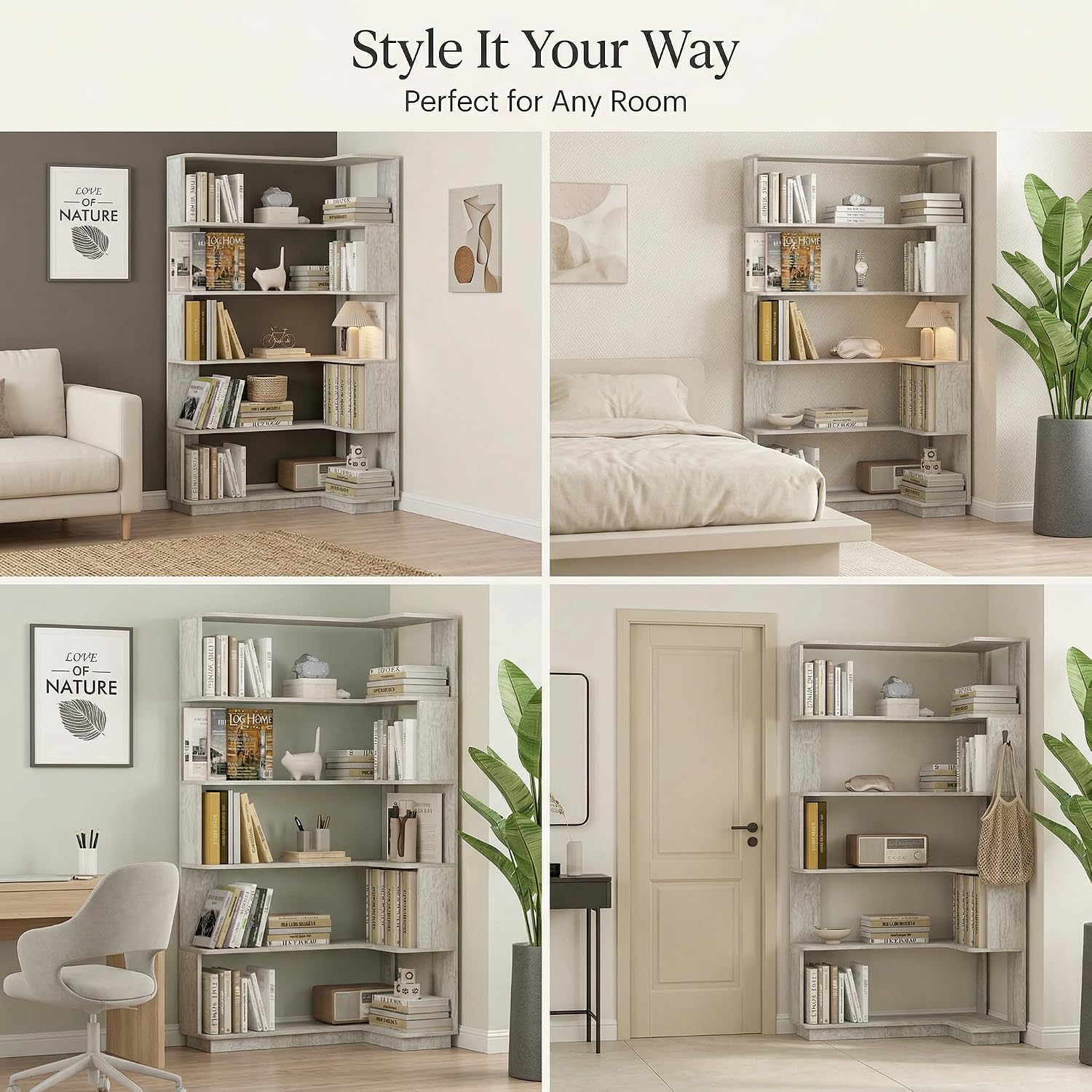 5 Tier Corner Bookshelf, Freestanding L-Shaped Wooden Bookcase with Open Shelves, Anti-Fall Panels and Anti-Tipping Device for Living Room, Home Office (Light Gray with Left Extension)