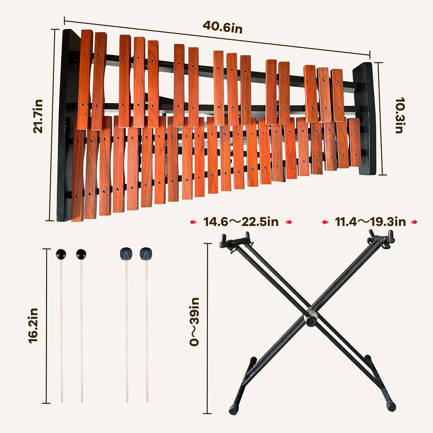 37 Note Xylophone Professional Wooden Glockenspiel Xylophone With Height Adjustable Stand,2 pairs Mallets and Carry Bag