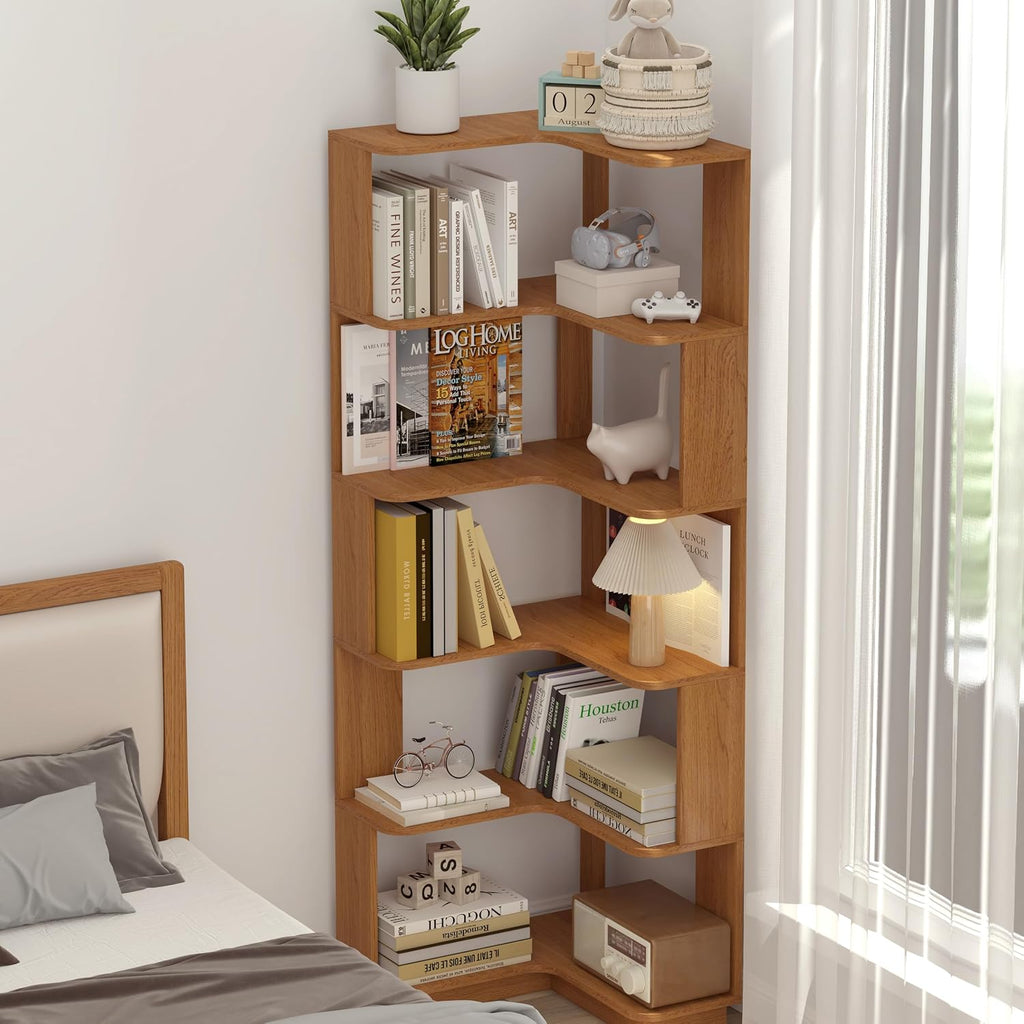GDFStudio 64.6' Tall L-Shaped Corner Bookshelf, 6-Tier Freestanding Corner Shelf Bookcase with Anti-Drop Panels, Wooden Open Back Display Shelves Organizer for Living Room Bedroom Office, Dark Oak