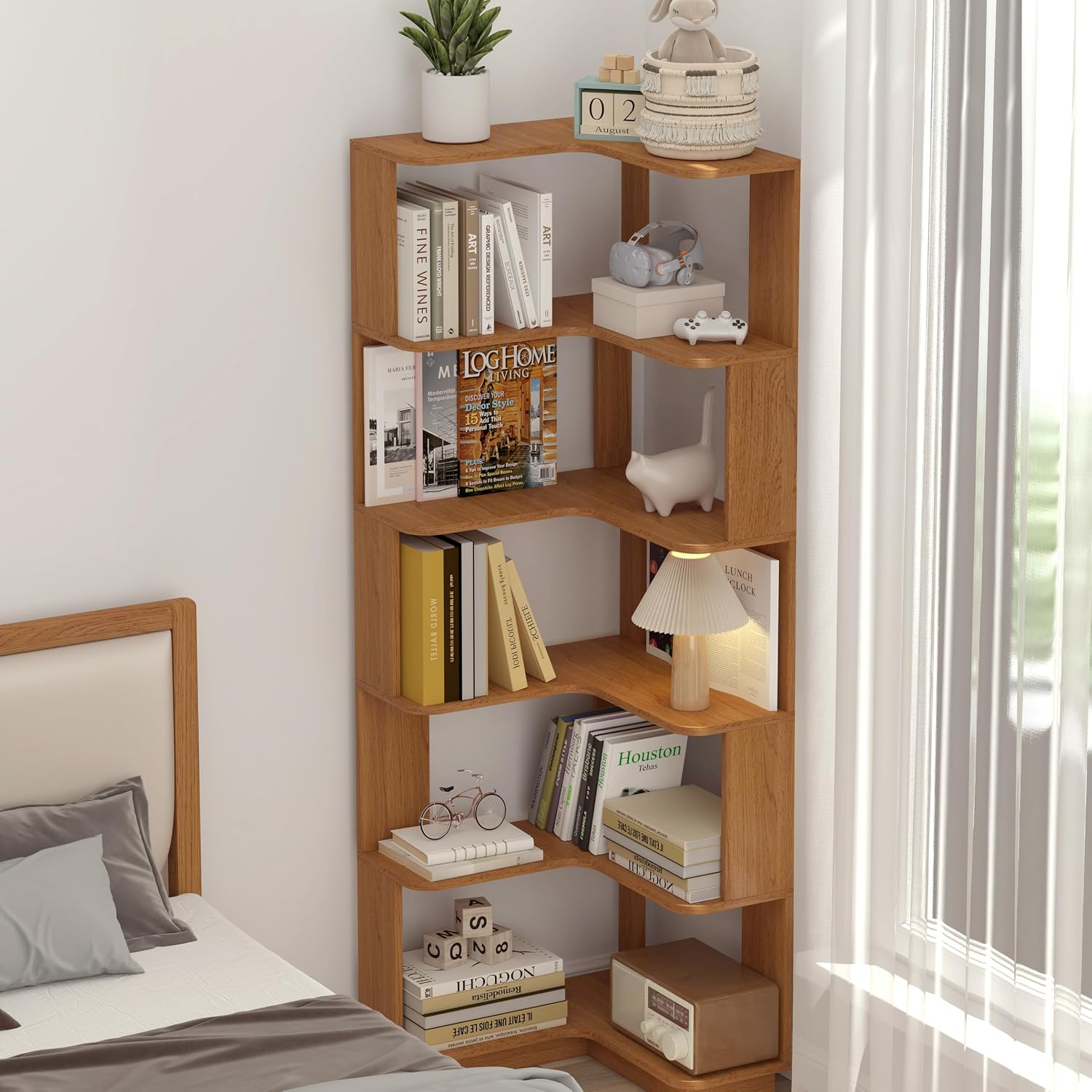 GDFStudio 64.6' Tall L-Shaped Corner Bookshelf, 6-Tier Freestanding Corner Shelf Bookcase with Anti-Drop Panels, Wooden Open Back Display Shelves Organizer for Living Room Bedroom Office, Dark Oak