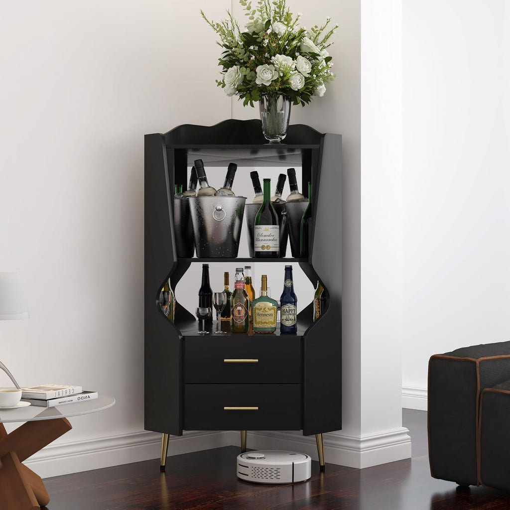 GDFStudio Wooden Corner Shelf Cabinet, Mirrored Back Coffee Bar Cabinets with Drawers & Open Storage, High Feet Corner Wine Rack Liquor Stand Kitchen Storage Cabinet for Living Room Dining Room, Black