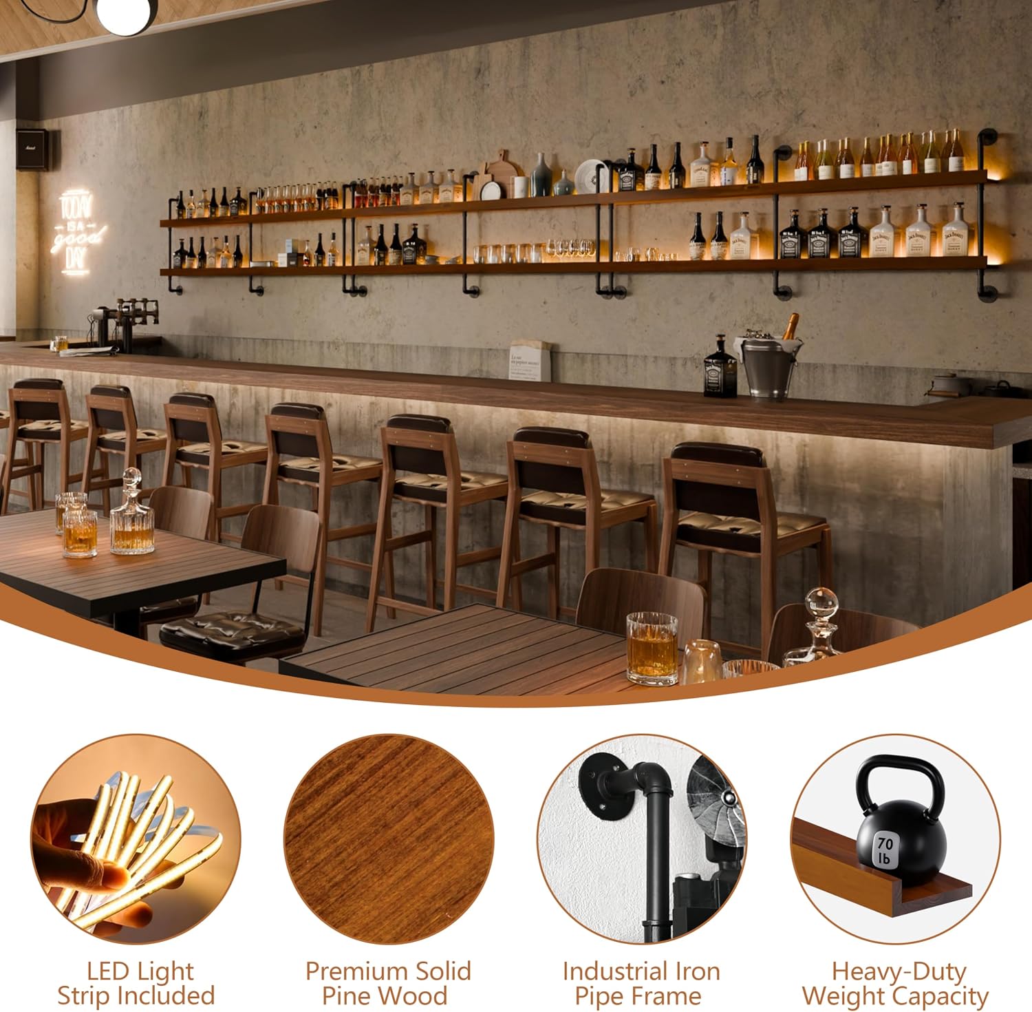 Wall Mounted Wine Rack with LED Light, LED Industrial Pipe Wine Shelf, 2-Tier Hanging Bottle Rack, Bar Storage Shelf for Bottles (Walnut Brown, 60')