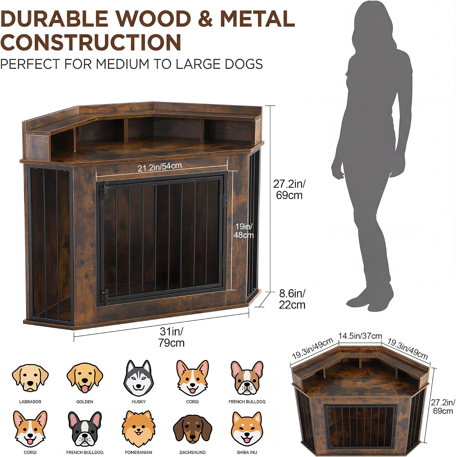 Corner Dog Crate Furniture for Small, Medium Dogs | Heavy Duty Wooden Kennel, 2-Tier Storage Shelves, Anti-Chew Design, Space-Saving, Indoor Use as TV Stand or End Table