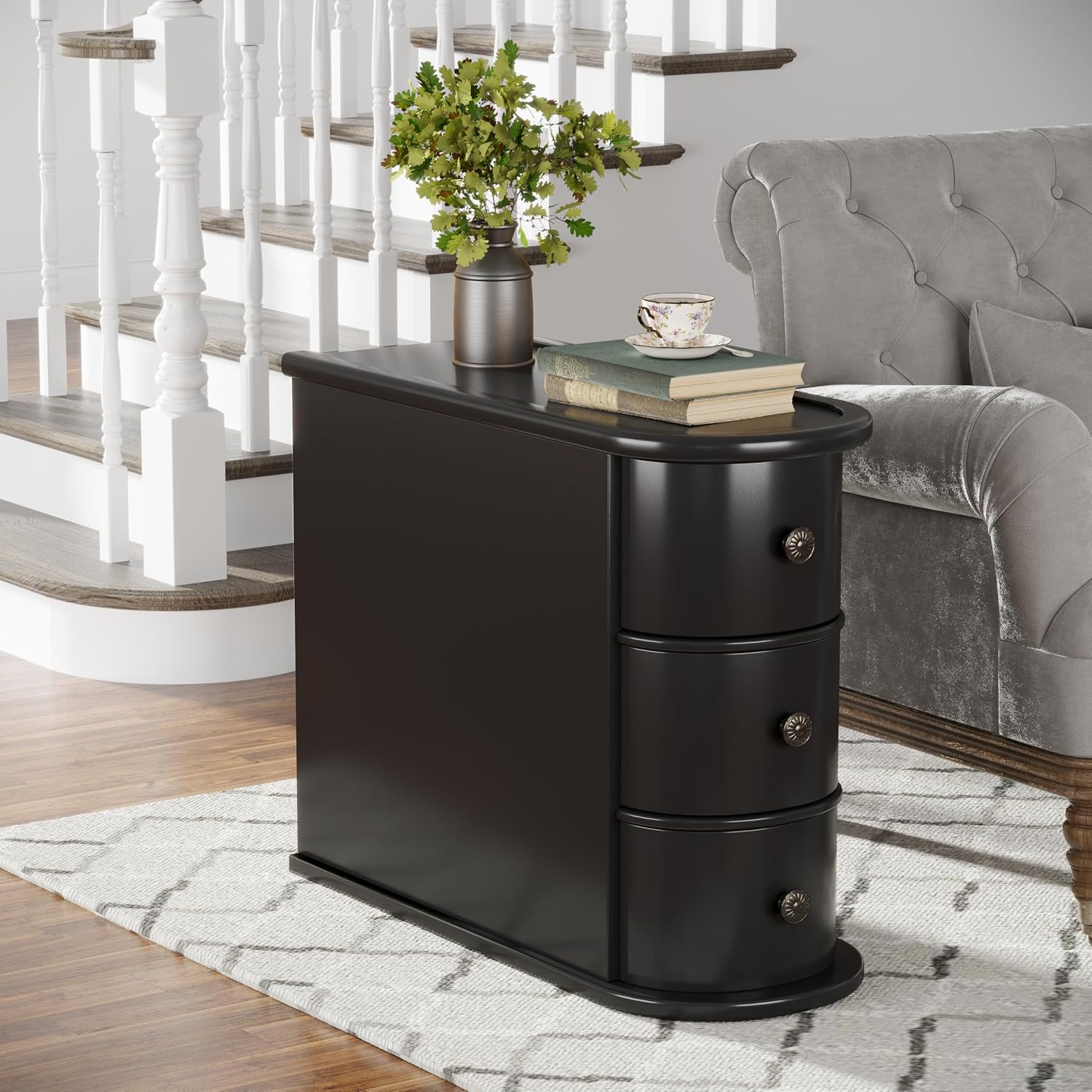 Wood End Table with 3 Drawers, No Assembly Required Narrow Sofa Side Table for Living Room, Vintage Slim Nightstand Bedside Table Bedroom (3 Drawers, Black, 1Pc)