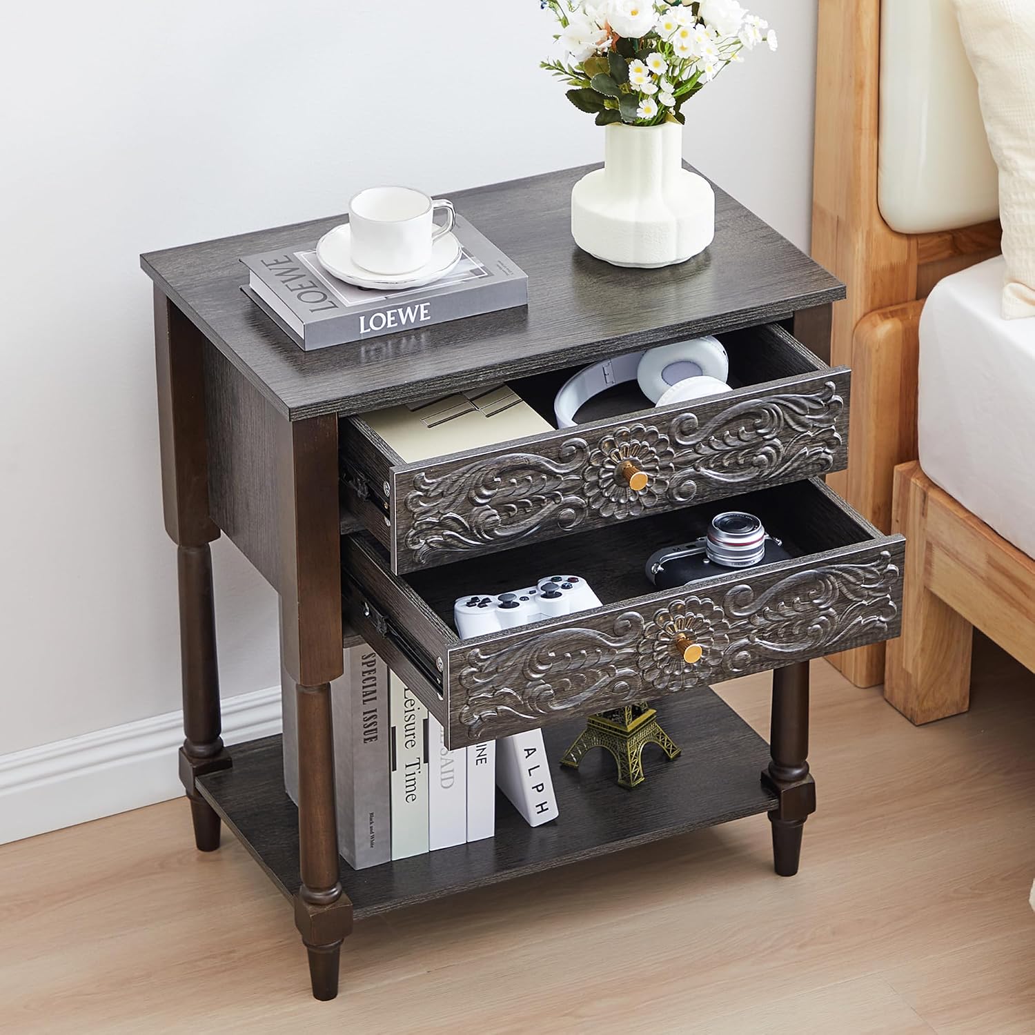 Nightstand, Farmhouse Bedside Table with 2 Drawers and Open Shelf, Wood Sofa Side Table End Table Accent Dresser for Bedroom, Living Room (with Shelf, Black Brown)