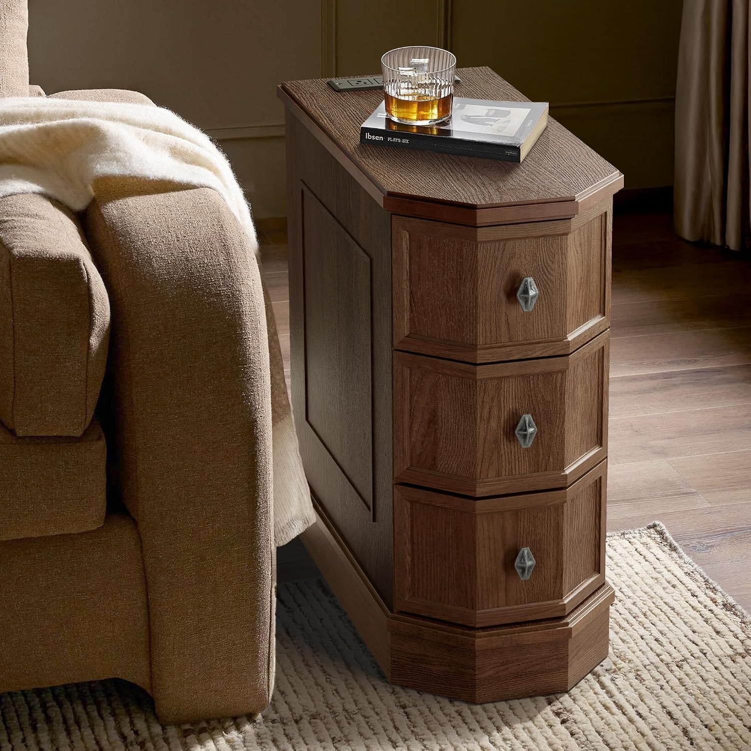 Nightstand with Charging Station, Vintage Wood End Table with 3 Drawer, Victoria Narrow Side Table, Slim Bedside Tables for Bedroom, Pre-Installation, Brown