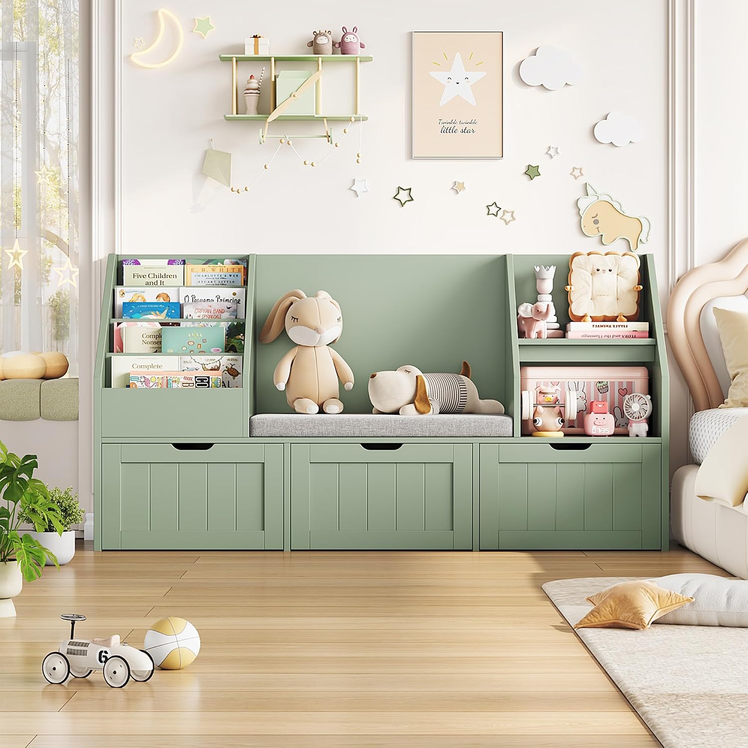 FOTOSOK 55.1'' Kids Bookshelf with Reading Nook, Toy Storage Organizer with Seat Cushion and 3 Movable Drawers, Kids Reading Nook Toy Organizers and Storage with Bench for Playroom, Bedroom, Green