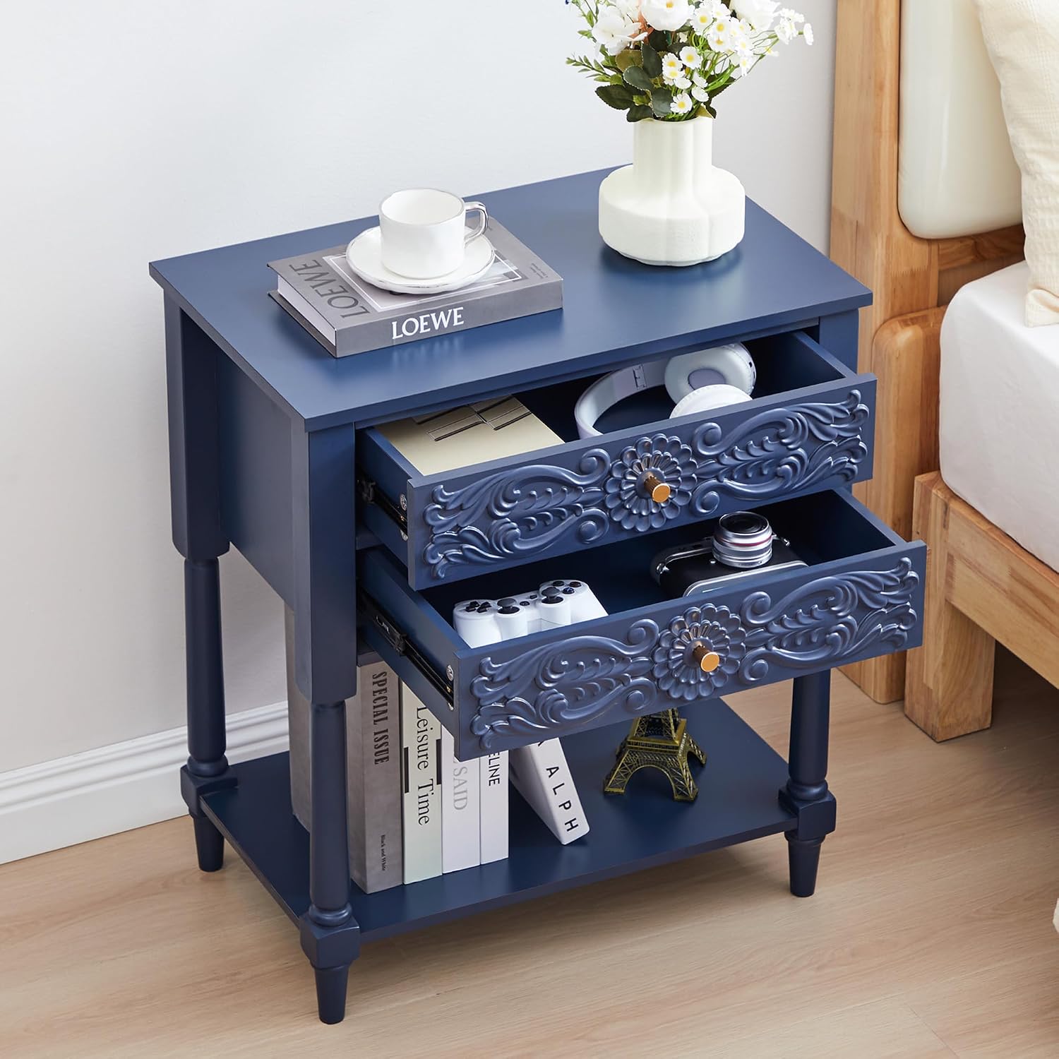 Nightstand, Farmhouse Bedside Table with 2 Drawers and Open Shelf, Wood Sofa Side Table End Table Accent Dresser for Bedroom, Living Room (with Shelf, Blue)