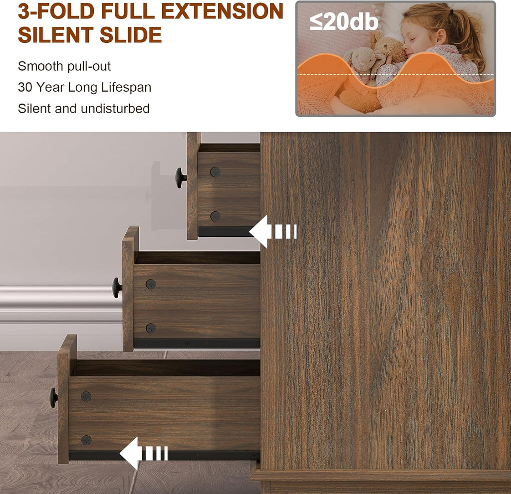 HIFYOBRO Narrow End Table with Flip Top Charging Station, 3 Drawers Storage Side Table, Wooden Nightstand for Living Room, Bedroom, Home Office