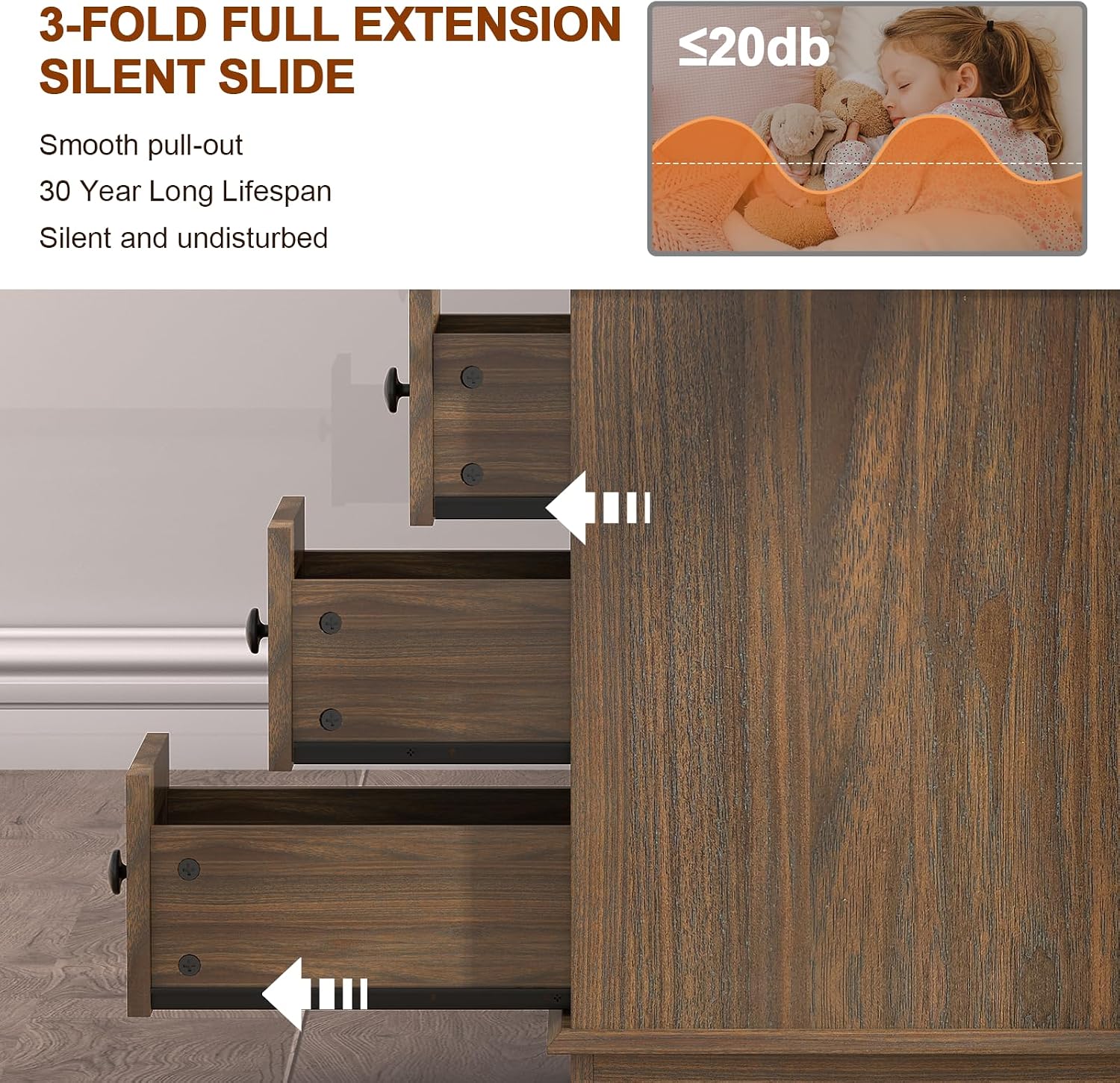 HIFYOBRO Narrow End Table with Flip Top Charging Station, 3 Drawers Storage Side Table, Wooden Nightstand for Living Room, Bedroom, Home Office