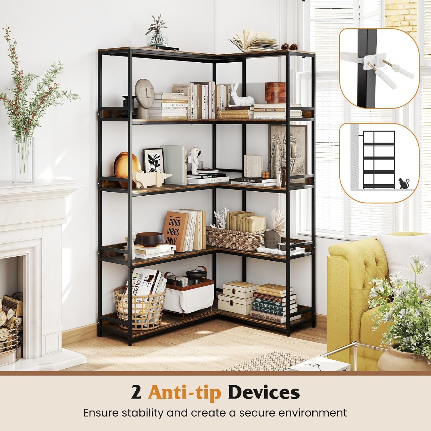 Tangkula Large Corner Bookshelf, 90 Degrees 5-Tier Industrial Wood Open Corner Bookcase for Small Spaces, Heavy-Duty Metal Frame, 71'H L-Shaped Storage Display Rack for Living Room (Rustic Brown)