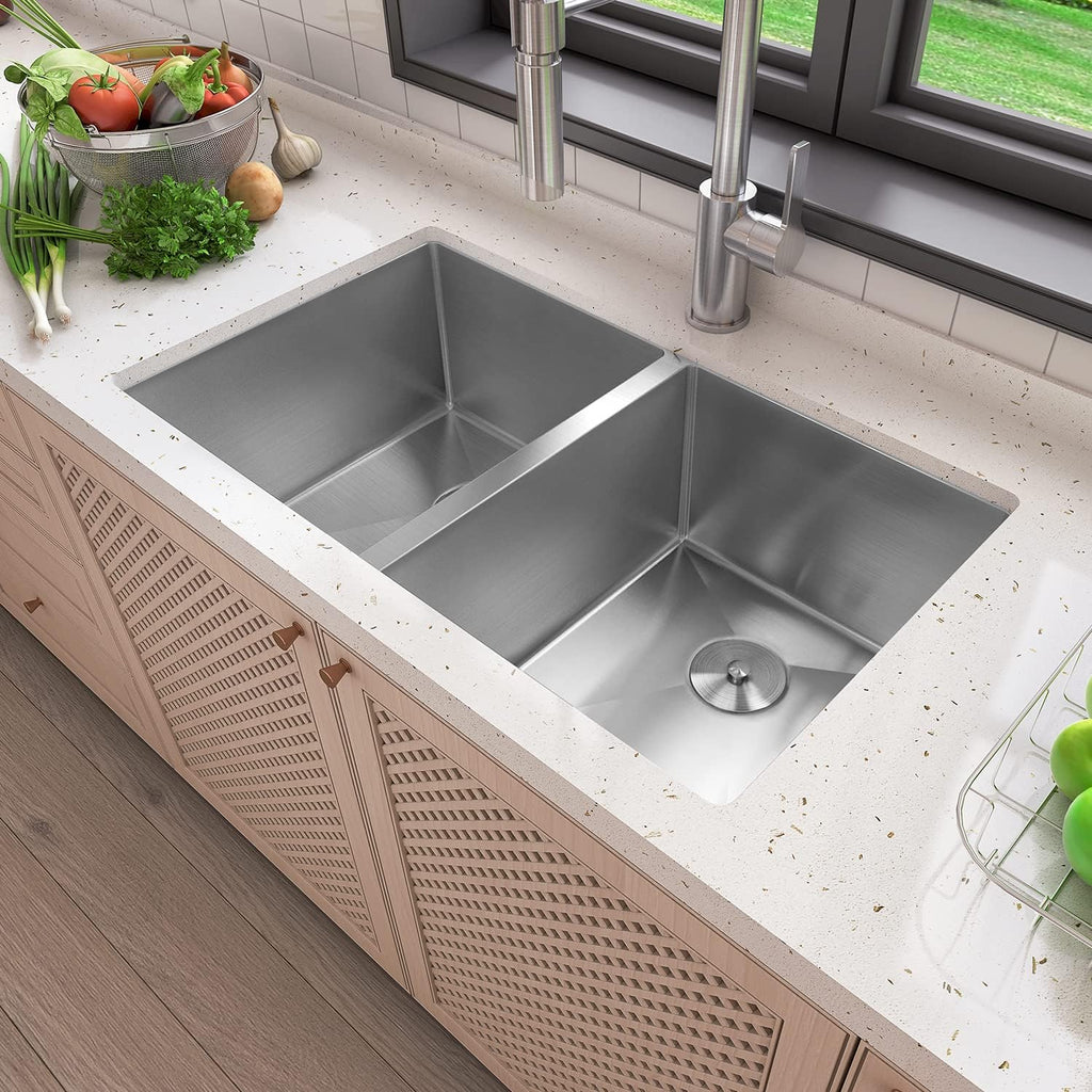 Sinber HU3219D-S-16G 32' x 19' x 10' Undermount Double Bowl Kitchen Sink with 16 Gauge 304 Stainless Steel Satin Finish (Sink Only)