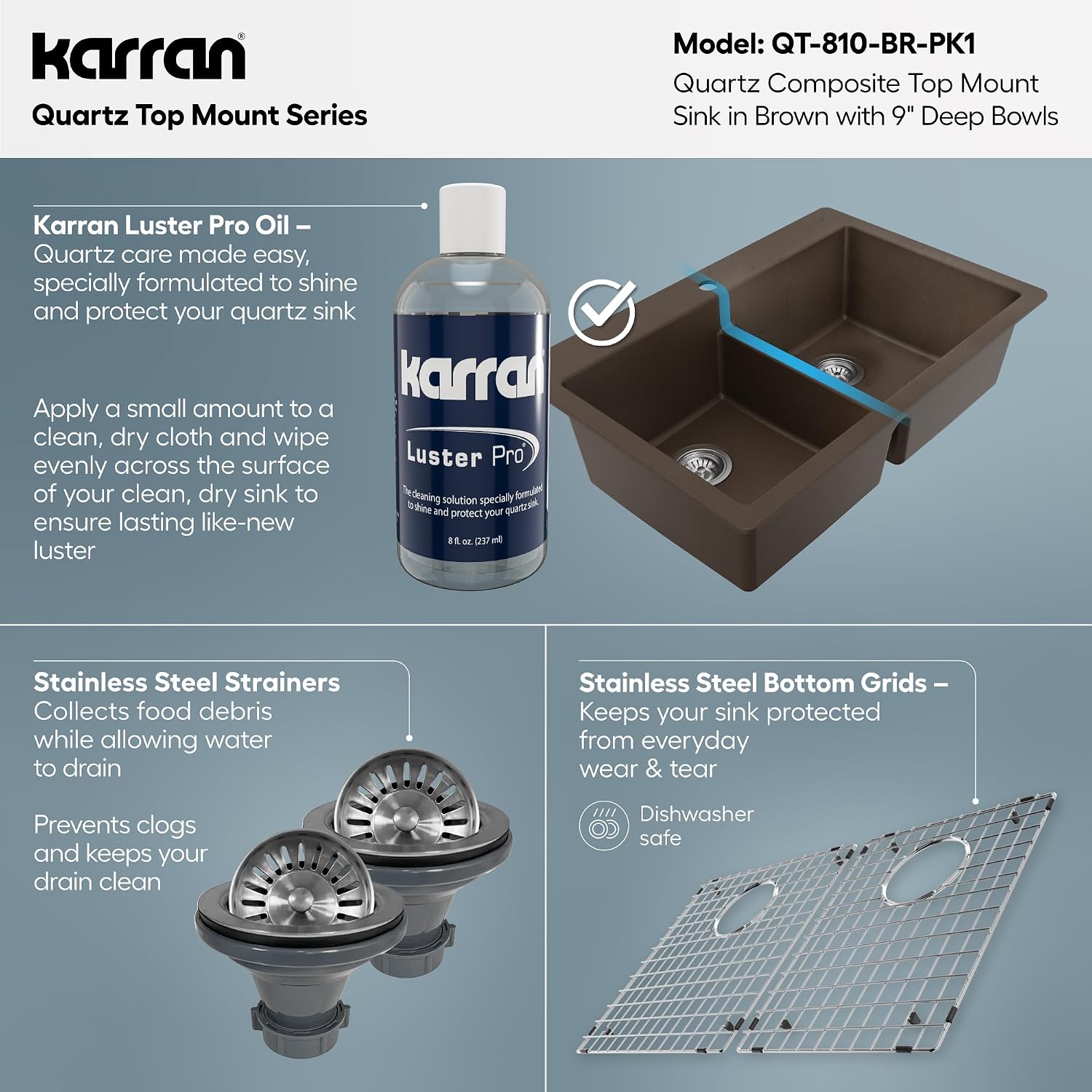 Karran QT-810 33' Top Mount Double Equal Bowl Quartz Kitchen Sink Kit in Brown