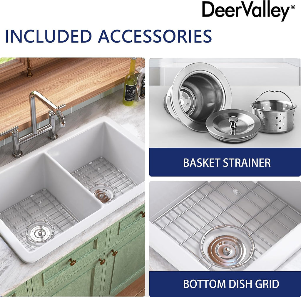 DeerValley Double Bowl Farmhouse Sink 32 Inch, Fireclay Undermount Kitchen Sinks, White Deep Drop-in Modern Sink with Grid & Basket Strainer