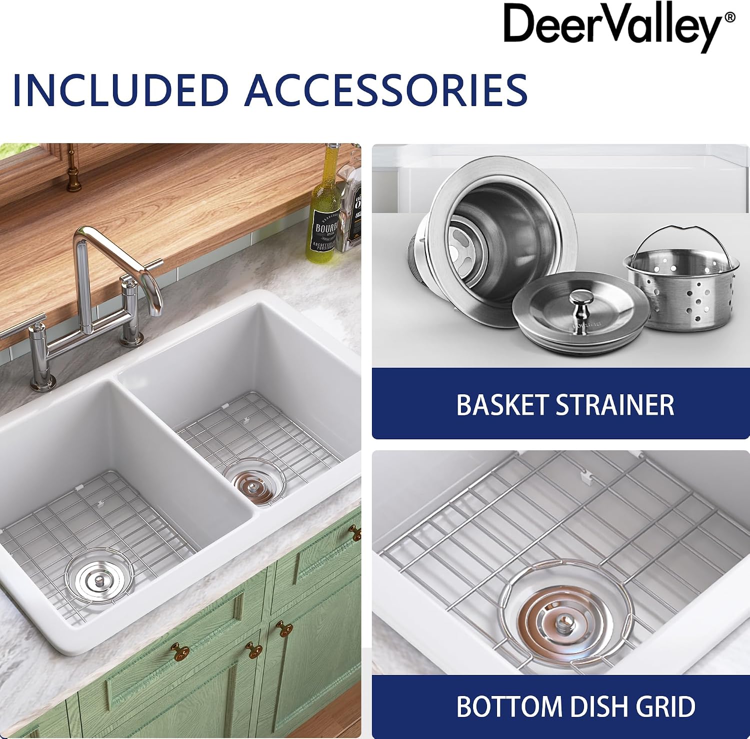 DeerValley Double Bowl Farmhouse Sink 32 Inch, Fireclay Undermount Kitchen Sinks, White Deep Drop-in Modern Sink with Grid & Basket Strainer