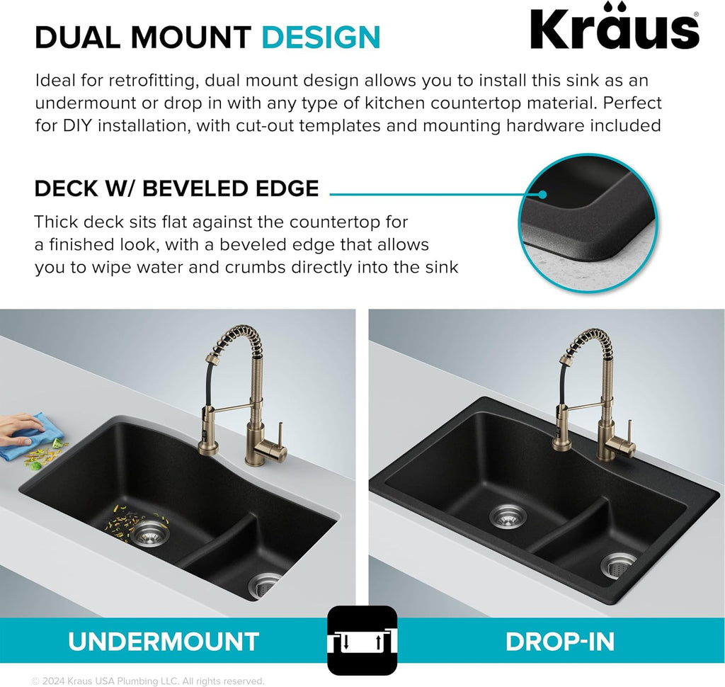 KRAUS Quarza 33-inch Drop-In/Undermount 60/40 Double Bowl Granite Kitchen Sink in Grey, KGD-442GREY