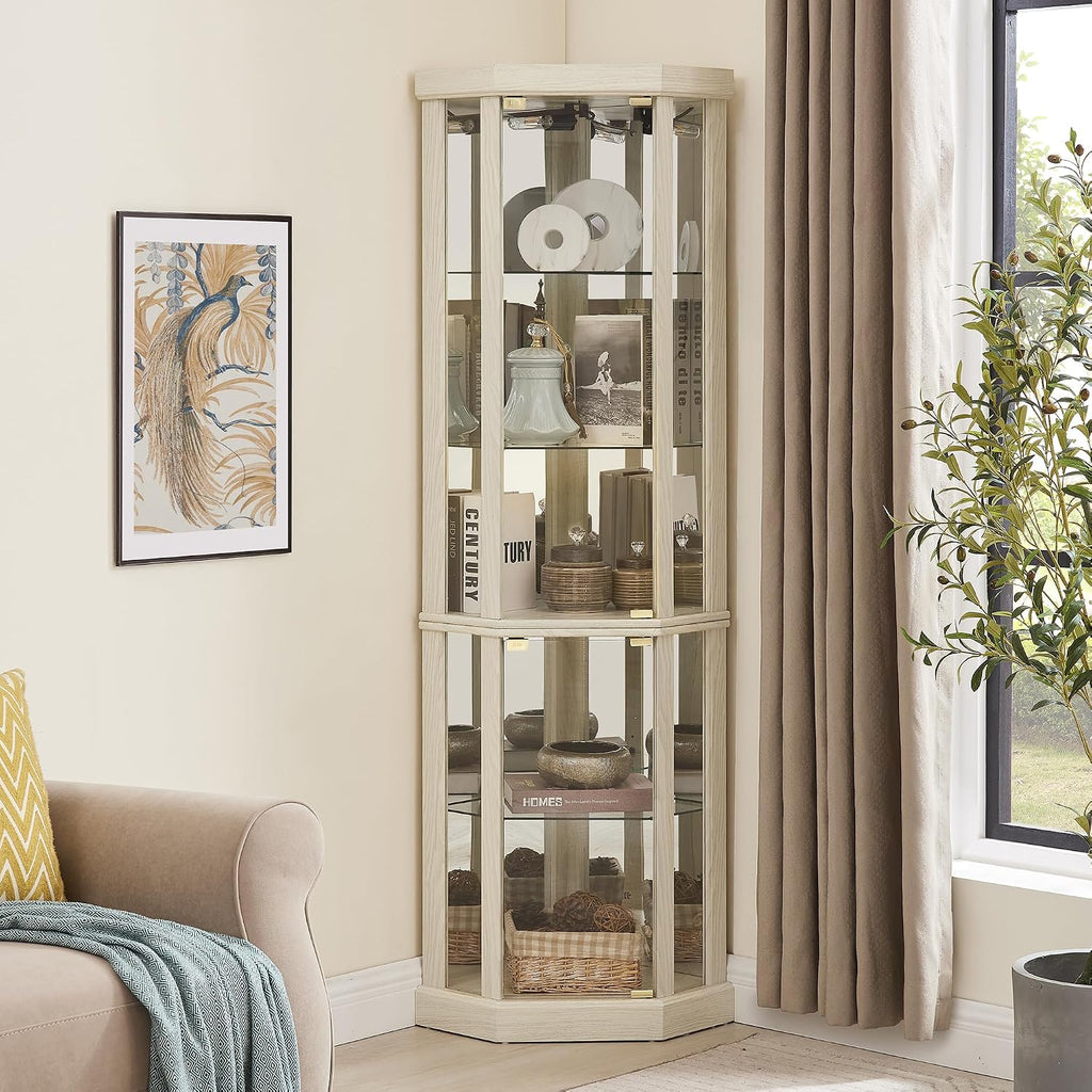69' H Lighted Corner Display Cabinet, Curio Corner Glass Cabinet w/Adjustable Shelves & Glass Door, 5-Tier Wooden Storage Display Case w/Mirrored Back Pane for Living Room (Antique White)
