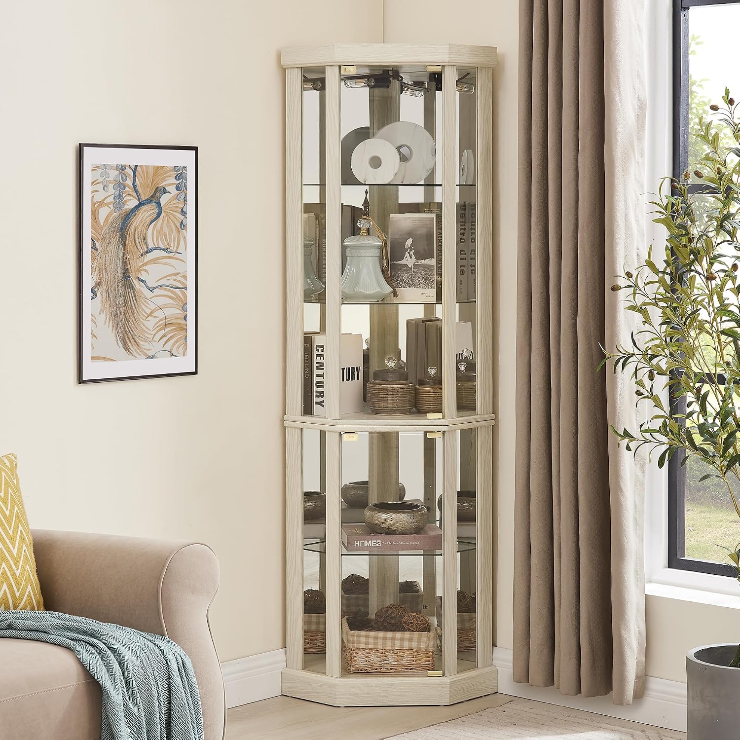 69' H Lighted Corner Display Cabinet, Curio Corner Glass Cabinet w/Adjustable Shelves & Glass Door, 5-Tier Wooden Storage Display Case w/Mirrored Back Pane for Living Room (Antique White)
