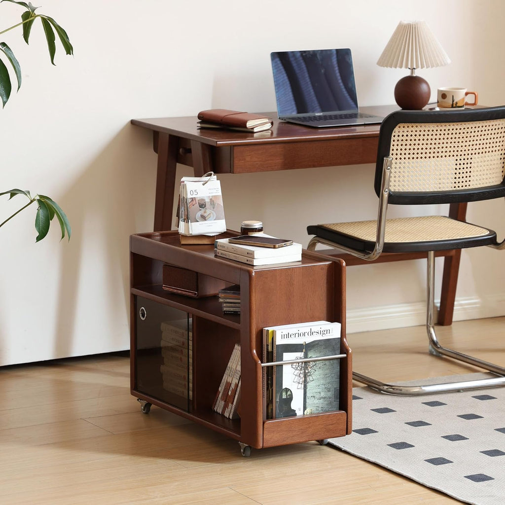 Solid Wood Side Table with Wheels, Narrow Side Table with Storage, Rolling Bedside Table for Bedroom Living Room Dining Room(Teak, 27.95' D x 11.42' W x 19.88' H)