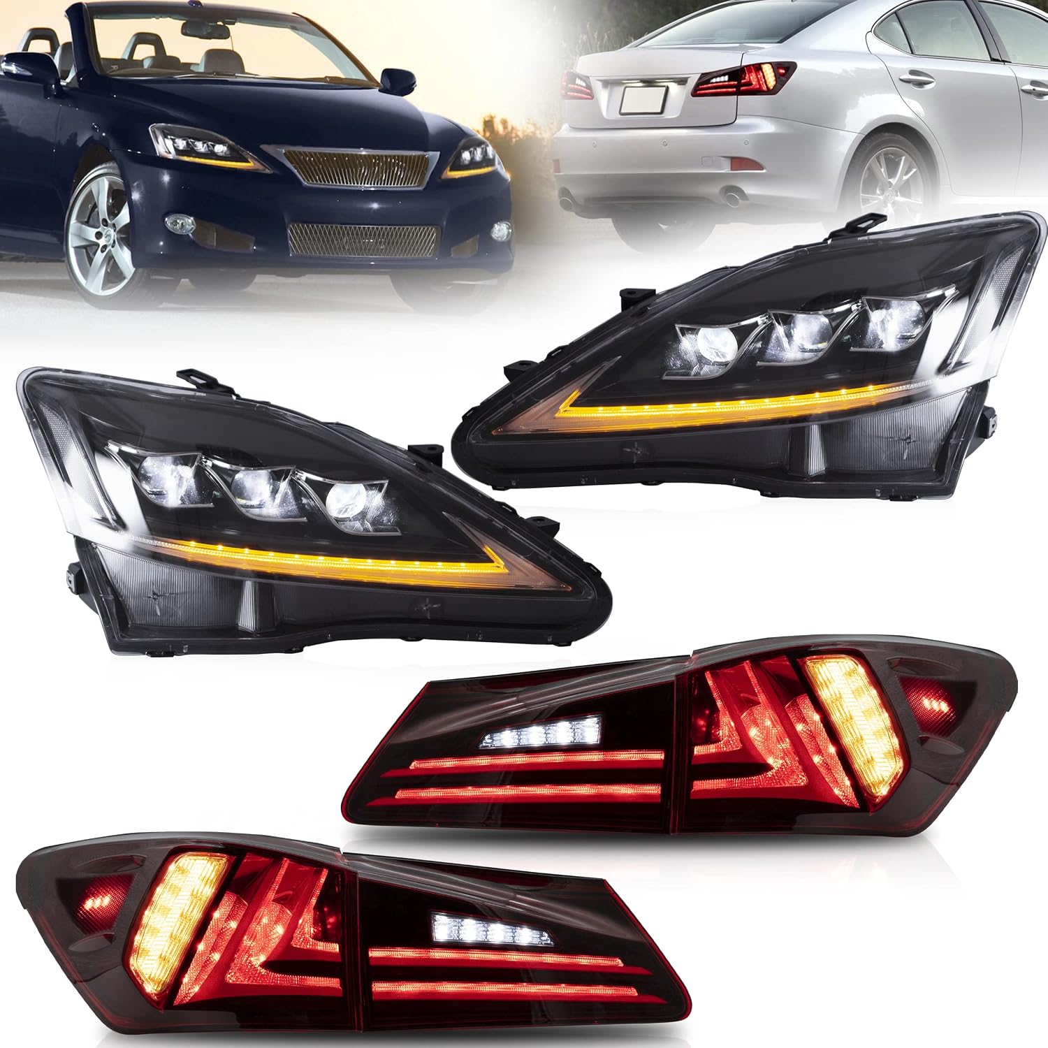 VLAND Headlights and Tail lights Fit for Lexus IS250 IS350 IS22d 2006-2012, ISF 2008-2014 4-Door, Plug-and-play, (Clear+Red)