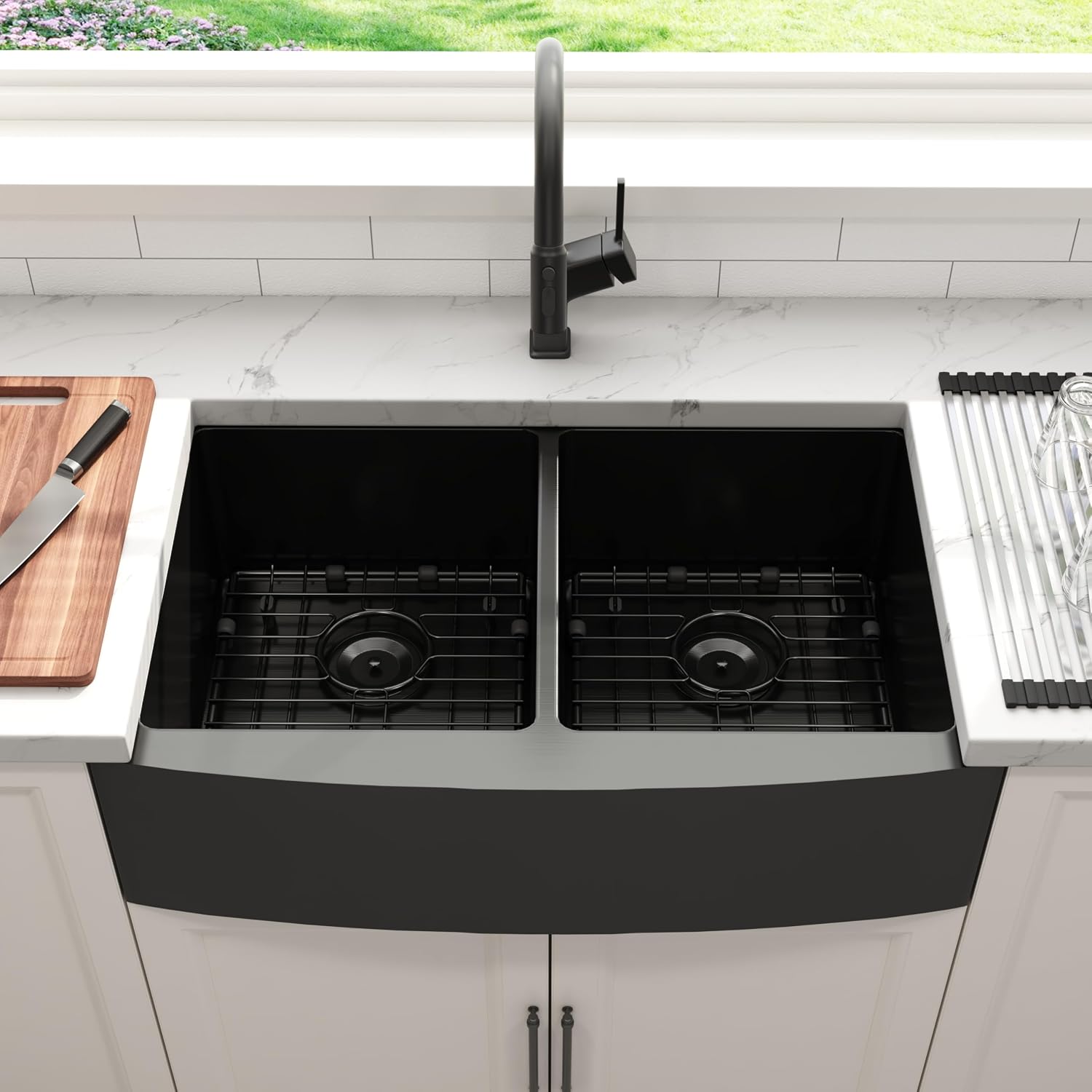 36 Inch Black Double Bowl Farmhouse Kitchen Sink, Undermount 50/50 Apron Front 16 Gauge 304 Stainless Steel Matte Black Sinks, Accessories Included, 36' x 21' x 10'