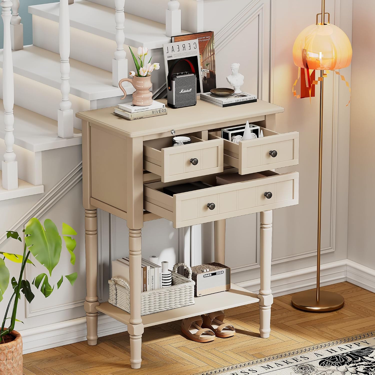 P PURLOVE Antique Narrow Console Table,Slim Sofa Entry Table with 3 Storage Drawer for Living Room,Entryway