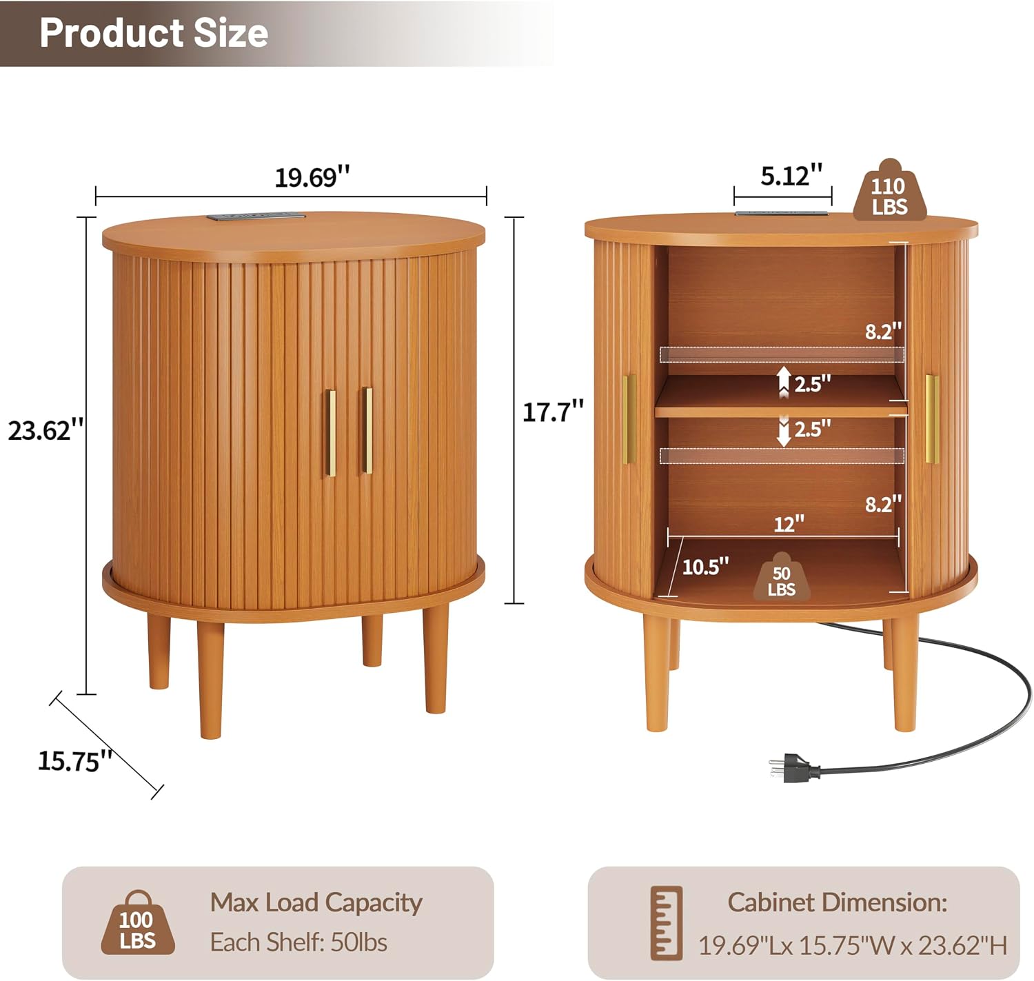 DHH Mid Century Modern Nightstand Set of 2 with Charging Station,Fluted Accent Side Table with Sliding Door & Adjustable Shelf,End Table for Small Space, Living Room, Bedroom,Sofa Couch,Yellow Walnut