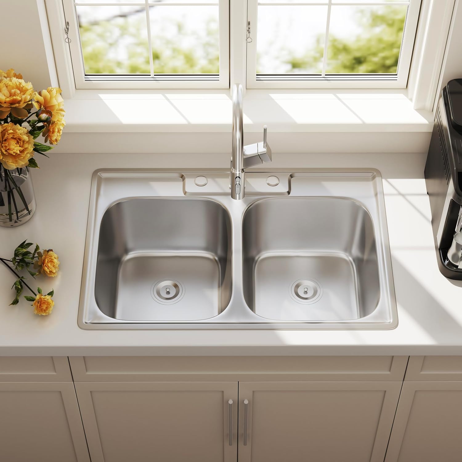 33x22 Drop In Double Bowl Kitchen Sink 33 Inch 50/50 Topmount 18 Gauge Stainless Steel Commercial Grade Satin Finish Sinks with Basket Strainer 33' x 22' x 9'