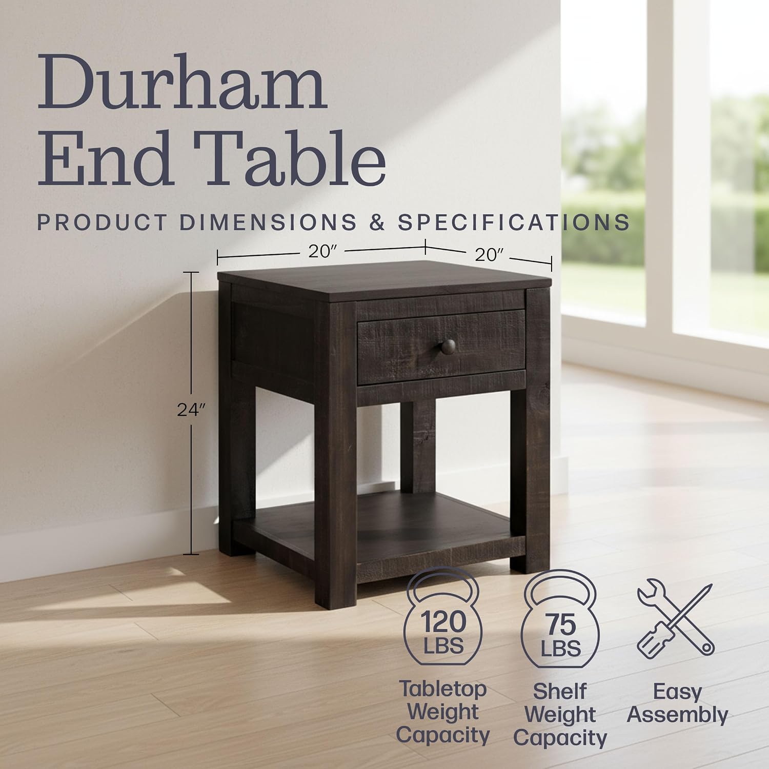 Durham Living Room Side Table - 20-Inch End Table with Storage Drawer and Shelf - Solid Wood Night Stand for Living Room or Bedroom - Mid Century Modern Furniture by Alaterre Furniture (Dark Brown)