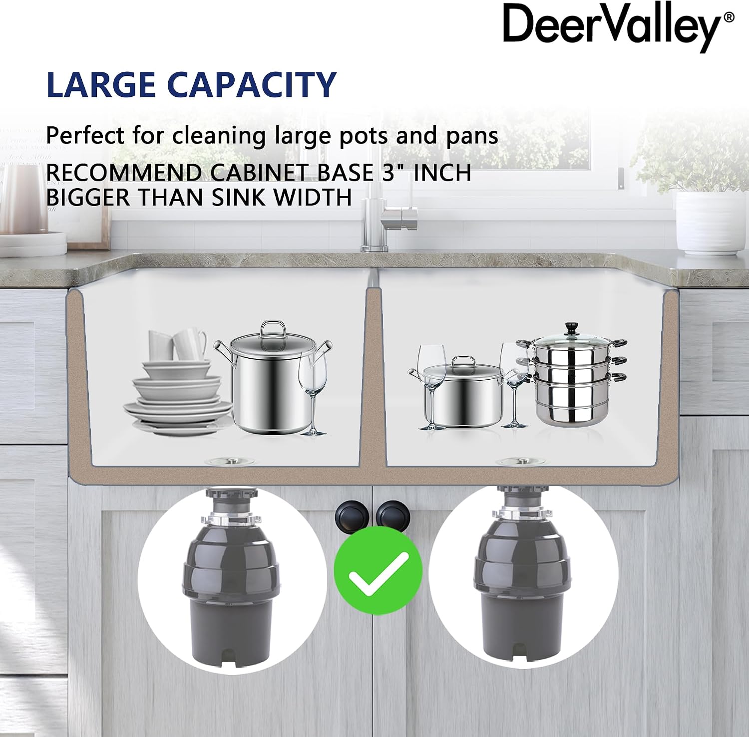 DeerValley Double Bowl Farmhouse Sink 32 Inch, Fireclay Undermount Kitchen Sinks, White Deep Drop-in Modern Sink with Grid & Basket Strainer
