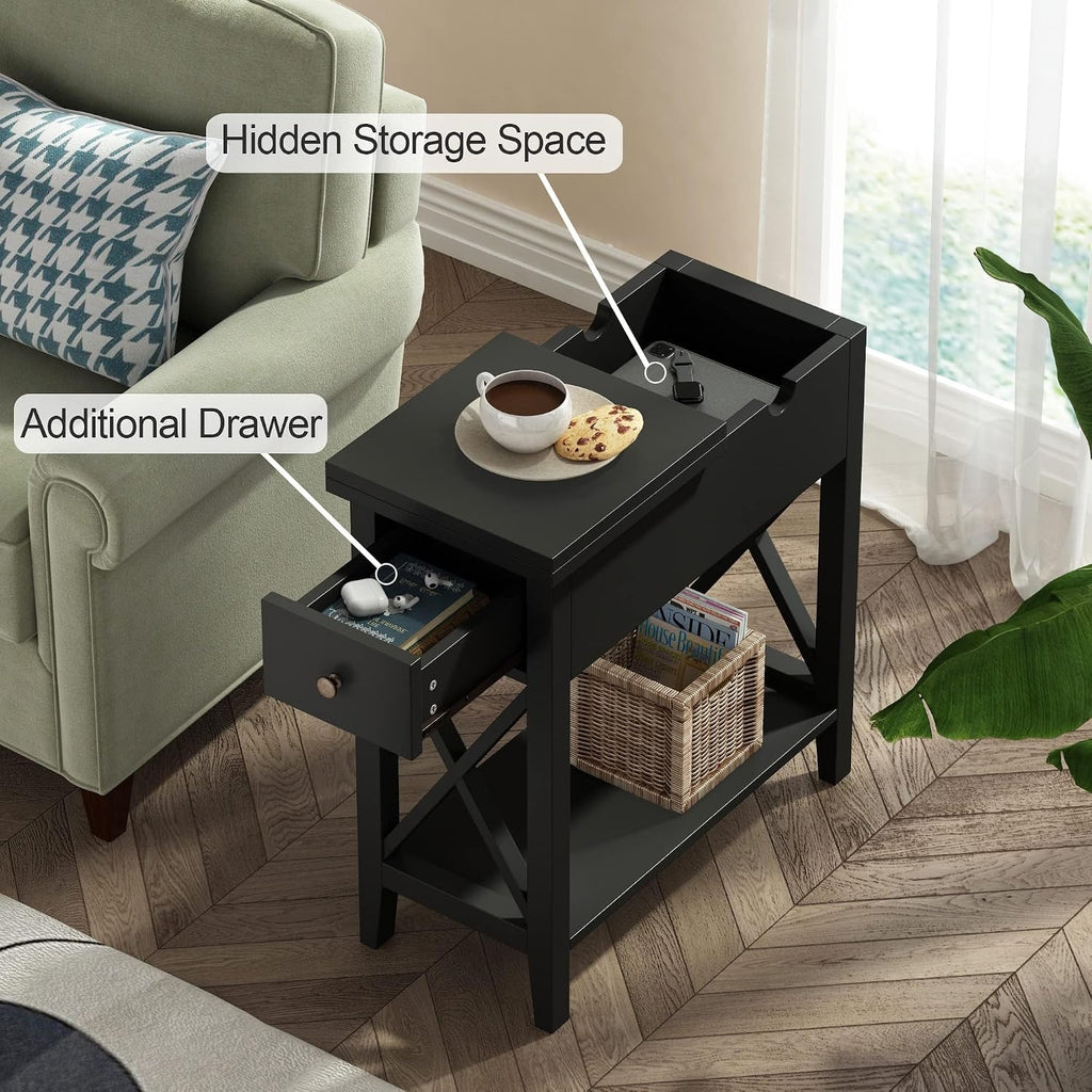 ChooChoo End Table Set of 2, Flip Top Narrow End Table with Drawer, Accent Small Side Table Nightstand for Living Room, Bedroom, and Small Spaces, Blcak