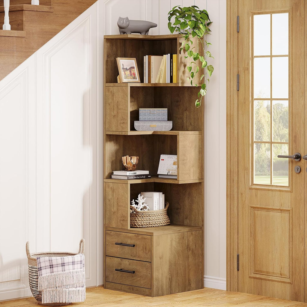 Tribesigns 5-Tier Corner Bookshelf with 2 Drawers, 66.9-Inch Tall Corner Bookcase Shelf, Modern Simple Corner Storage Cabinet Display Rack Shelf for Living Room, Home Office (Natural Brown)