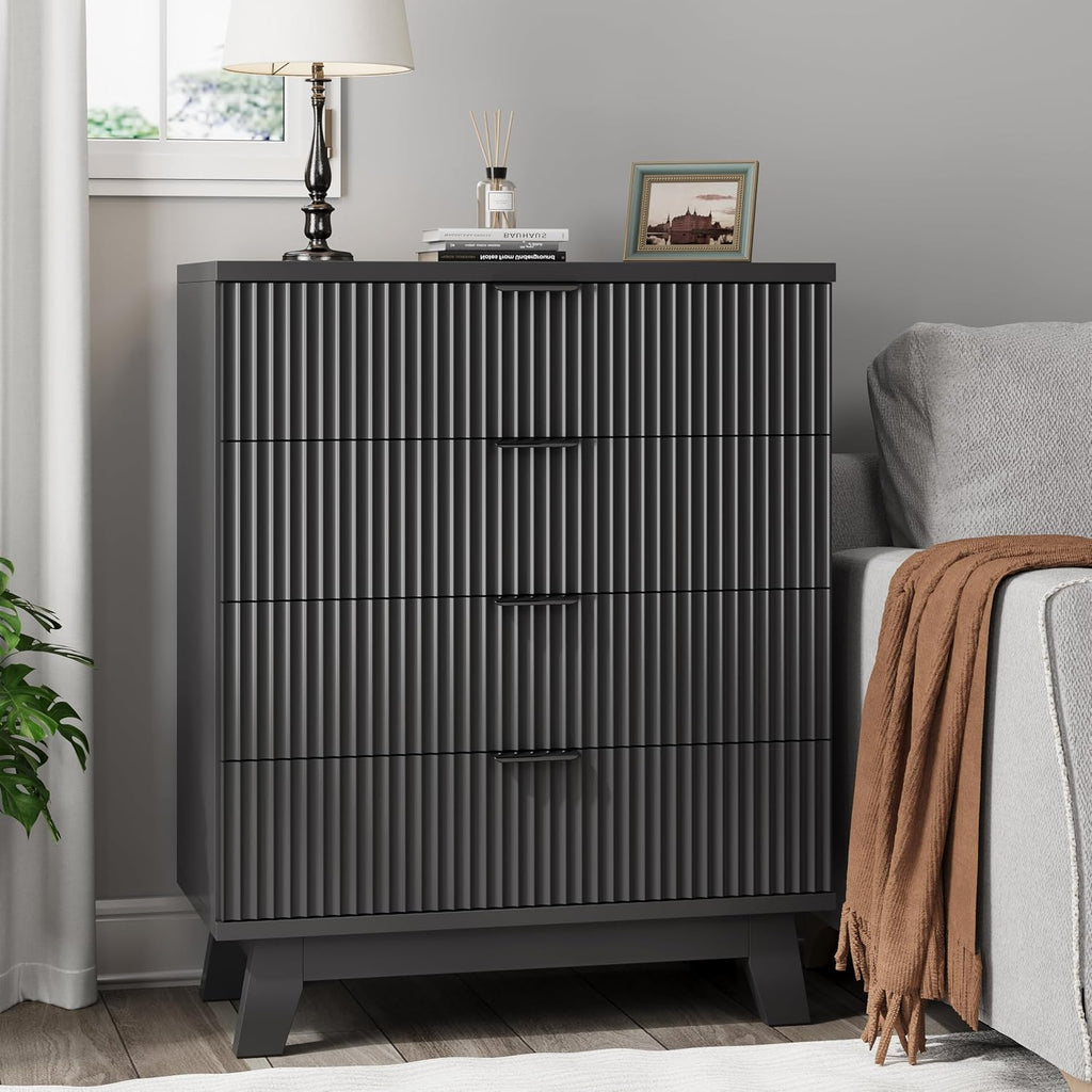 Fluted Nightstand, 31.5' Wide Side Table with 4 Large Storage Drawers, Mid Century Modern Wood Night Stand with Metal Handle, Wooden Bedside End Table for Bedroom, Living Room, Closet, Black