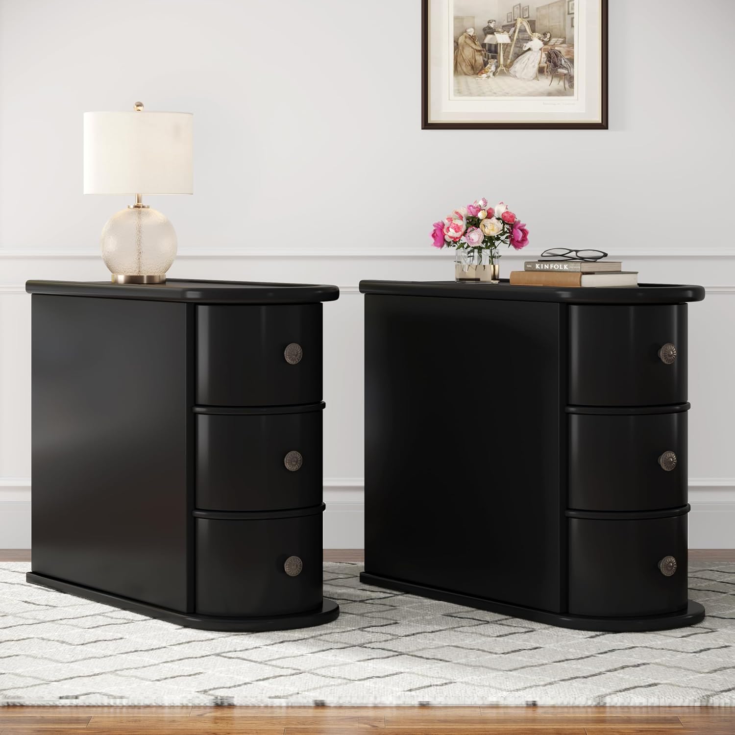 Wood End Table with 3 Drawers, No Assembly Required Narrow Sofa Side Table for Living Room, Vintage Slim Nightstand Bedside Table Bedroom (3 Drawers, Black, 1Pc)