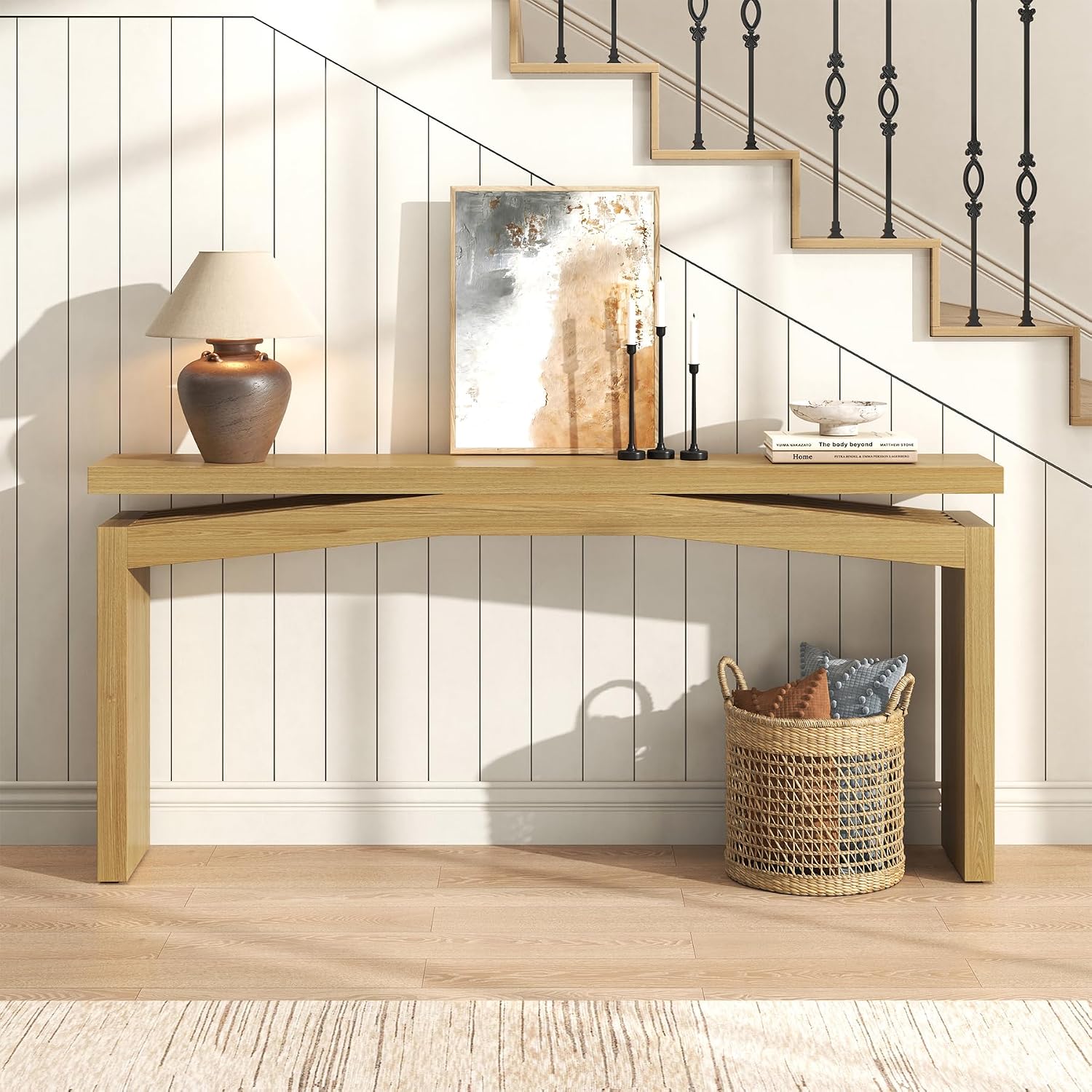 Epecoya Extra Long Console Tables for Living Room, Slim Entryway Table 63 Inches Long, Wooden Couch Table Behind Sofa for Hallway, Living Room, Home, Natural Teak