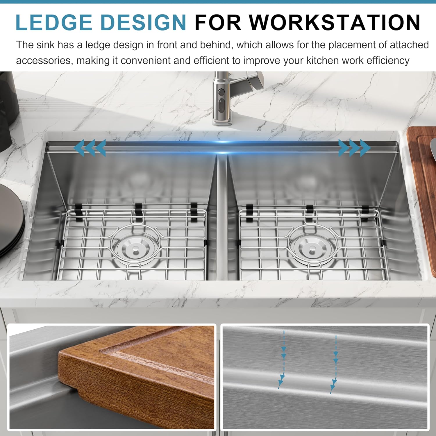 32 Inch Undermount Workstation Handmade Double Bowl Kitchen Sink, 16 Gauge 304 Stainless Steel 50/50 Large Capacity Kitchen Sinks, Ledge and Accessories Included, 32' x 18' x 10'