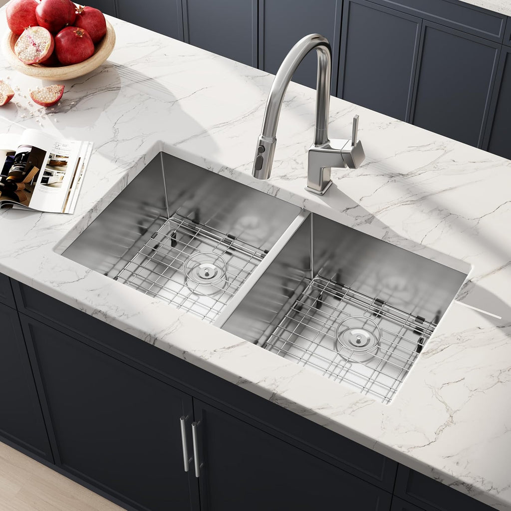 32 Inch Undermount 50/50 Double Bowl Kitchen Sink, 16 Gauge 304 Stainless Steel Handmade Large Capacity Deep Kitchen Sinks, Strainer and Grid Included, 32' x 19' x 10'