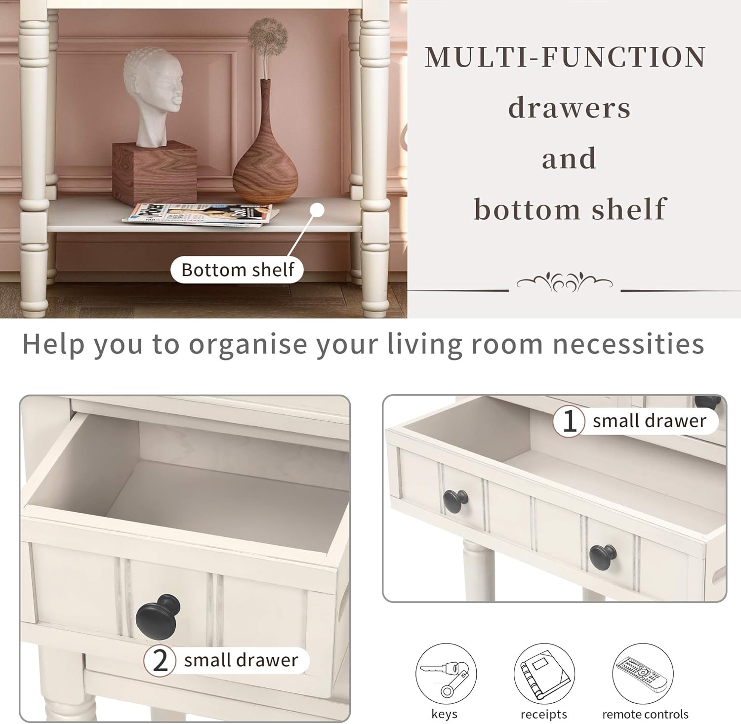 P PURLOVE Narrow Console Table, Farmhouse Entryway Table Slim Sofa Table with Three Storage Drawers and Bottom Shelf, Wood Entry Table for Living Room,Easy Assembly,Ivory White