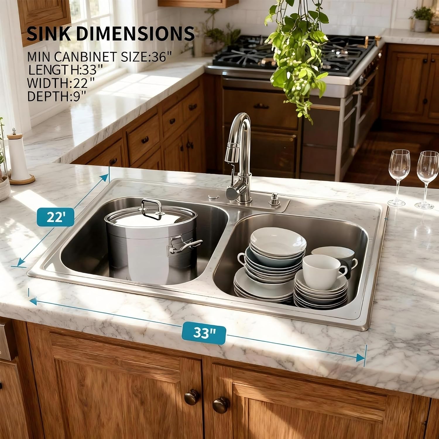 Kitsitchen 33x22 Drop in Kitchen Sink, 33 Inch 304S Stainless Steel Double Bowl Kitchen Sinks with 50/50 Design and Two Strainer, 33' X 22'X 9' Large and Deep Top Mount Kitchen Sinks with 3 holes