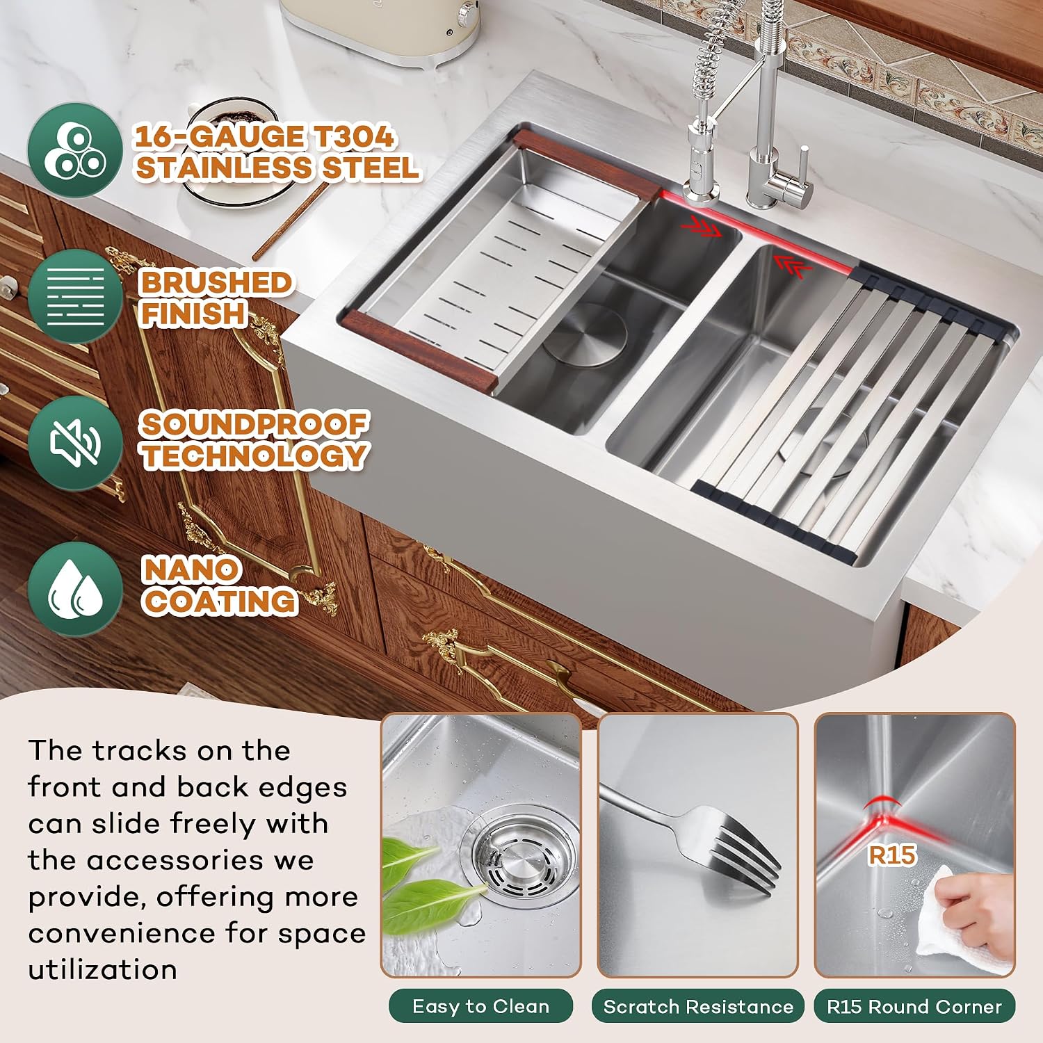 Rhbamoa 30 Inch Double Farmhouse Sink,16-Gauge T304 Stainless Steel Drop In Farm Sink,50/50 Topmount Double Bowl Apron Front Farm Sinks,10 Inch Deep Workstation Sinks with All Accessories