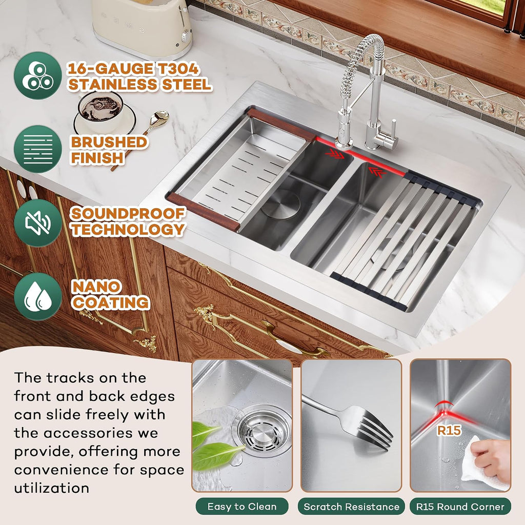 Rhbamoa Double Bowl Drop In Kitchen Sink 31 Inch,16-Gauge T304 Stainless Steel Topmount Kitchen Sink,50/50 Double Bowl Kitchen Sinks,10 Inch Deep Sinks with All Accessories, Brushed Finish