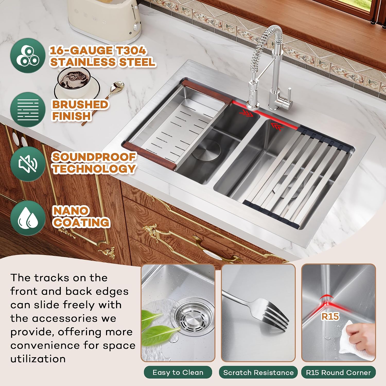Rhbamoa Double Bowl Drop In Kitchen Sink 31 Inch,16-Gauge T304 Stainless Steel Topmount Kitchen Sink,50/50 Double Bowl Kitchen Sinks,10 Inch Deep Sinks with All Accessories, Brushed Finish